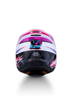 Alpinestars SM3 Youth Falcon Motocross Helmet, Purple and White, with a rear cartoon bird graphic and ECE certification.