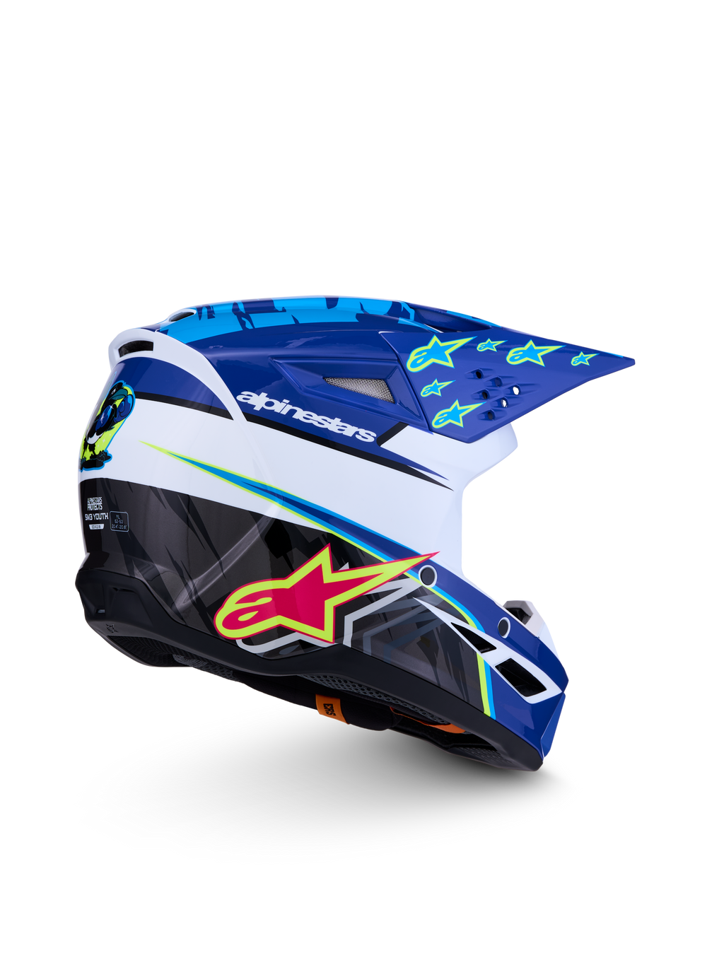 Alpinestars SM3 Youth Falcon Helmet, blue and white motocross helmet with fluorescent pink accents, ECE 22.06 certified.