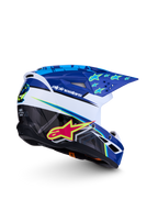 Alpinestars SM3 Youth Falcon Helmet, blue and white motocross helmet with fluorescent pink accents, ECE 22.06 certified.