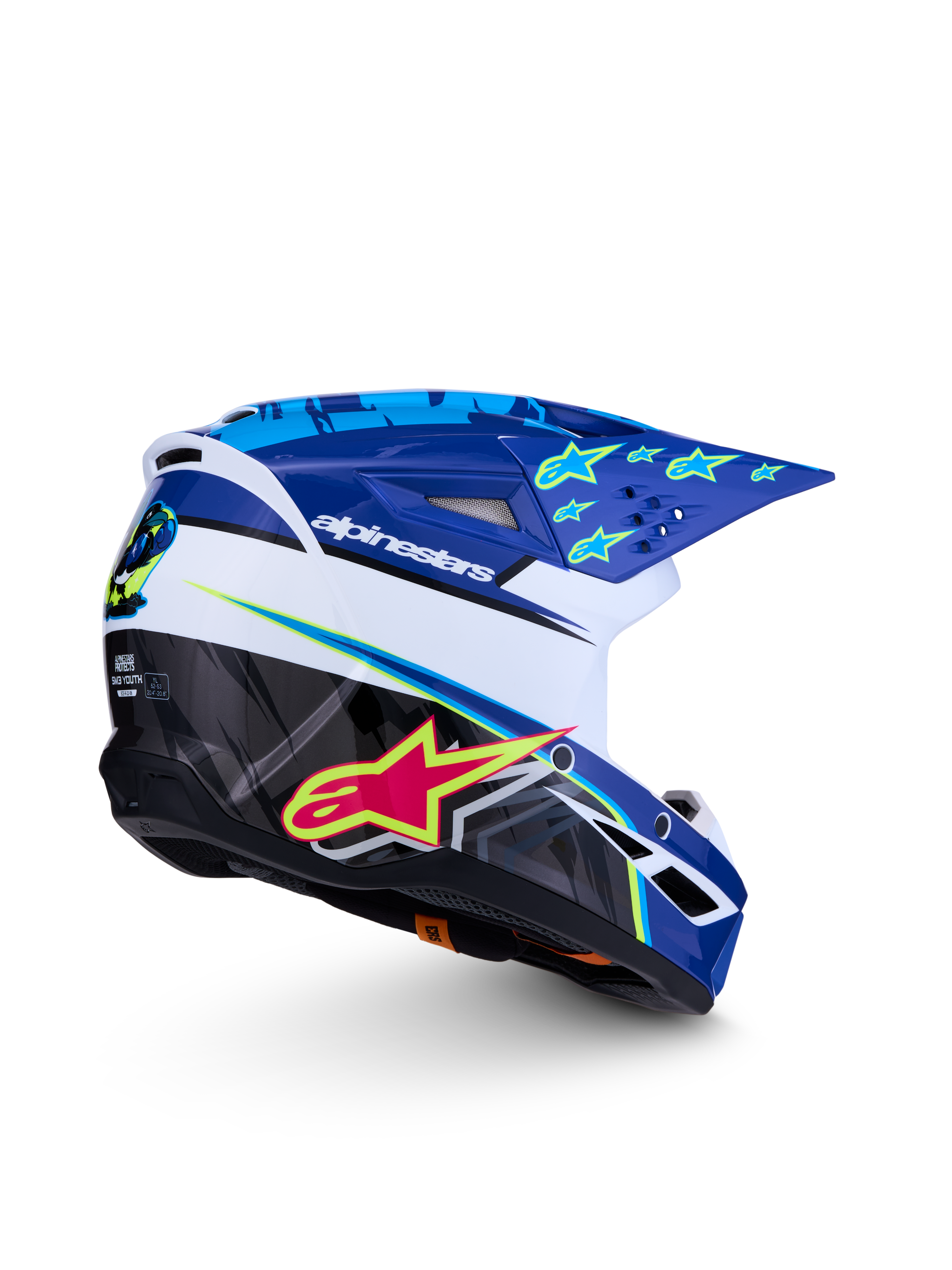Alpinestars SM3 Youth Falcon Helmet, blue and white motocross helmet with fluorescent pink accents, ECE 22.06 certified.