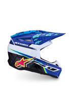 Alpinestars SM3 Youth Falcon Helmet, youth motocross gear, blue and white with neon yellow accents, ECE 22.06 and DOT certified.
