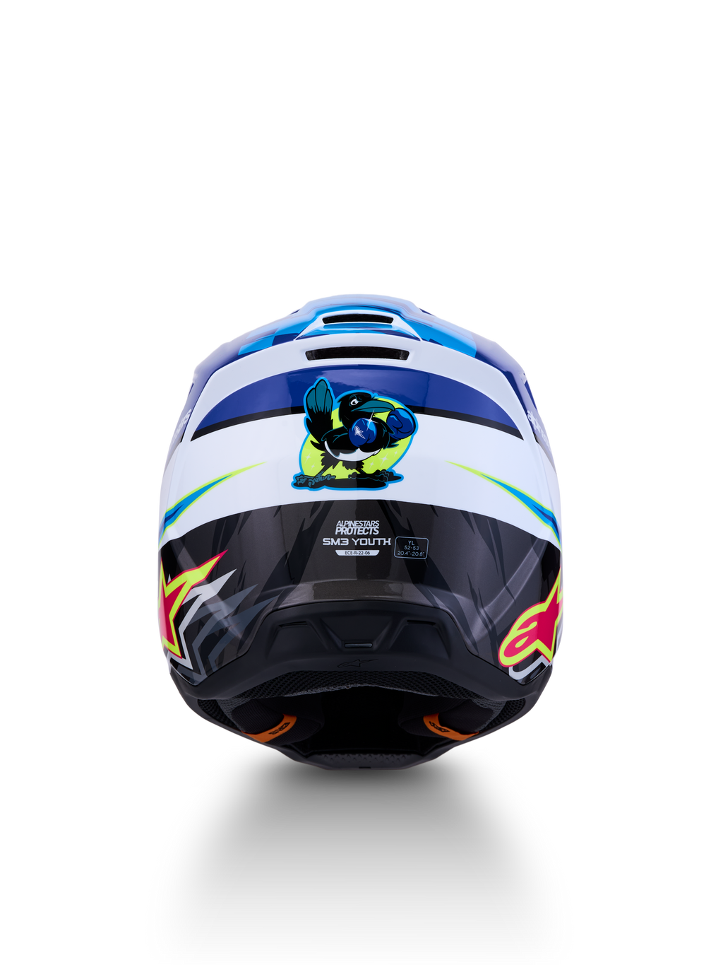 Alpinestars SM3 Youth Falcon Helmet, Youth Motocross Helmet, Blue and White, ECE 22.06 certified, rear view falcon graphic.