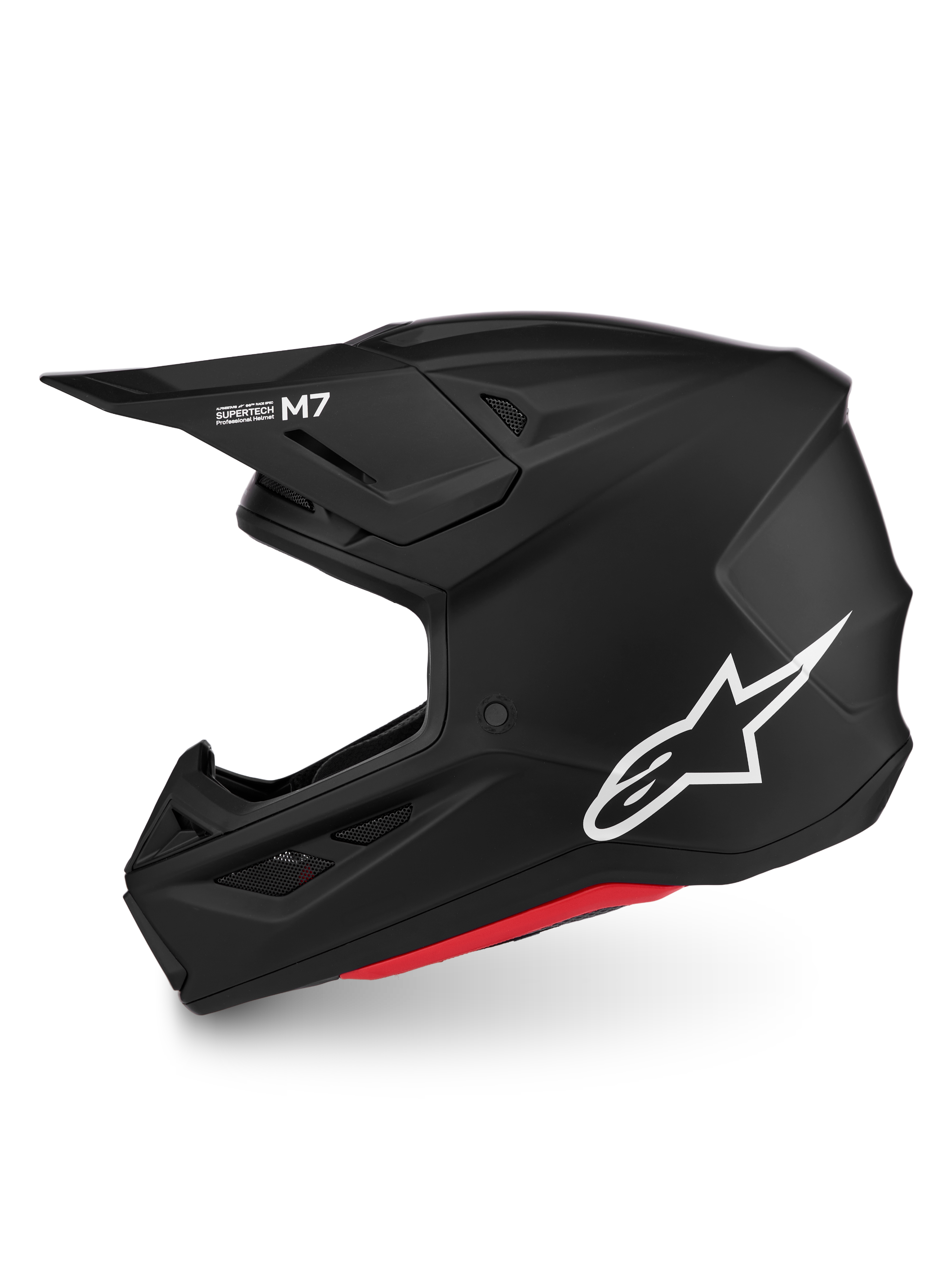 Alpinestars S-M7 Solid Helmet, matte black motocross helmet with white A-star logo, red trim, and ECE06 certification.