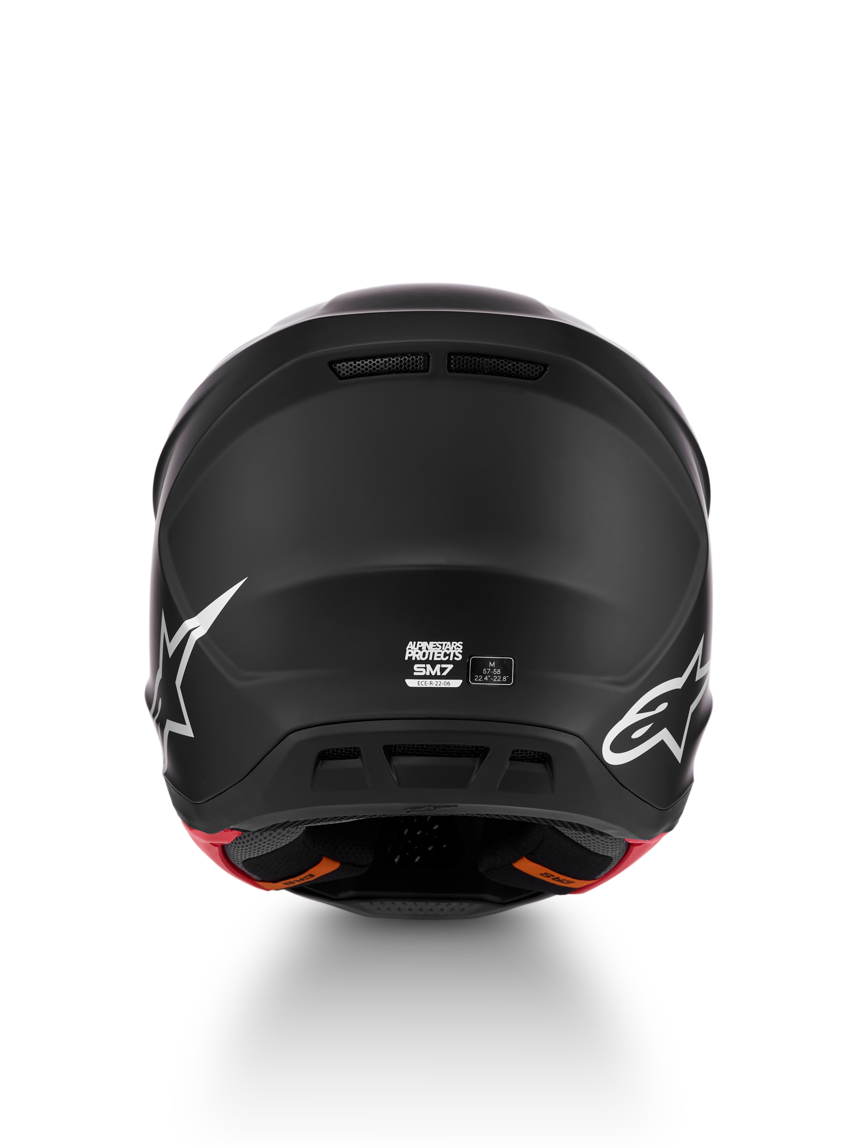 Alpinestars S-M7 Solid Helmet in matte black, rear view of aerodynamic motocross helmet showing ECE 22.06 certification.