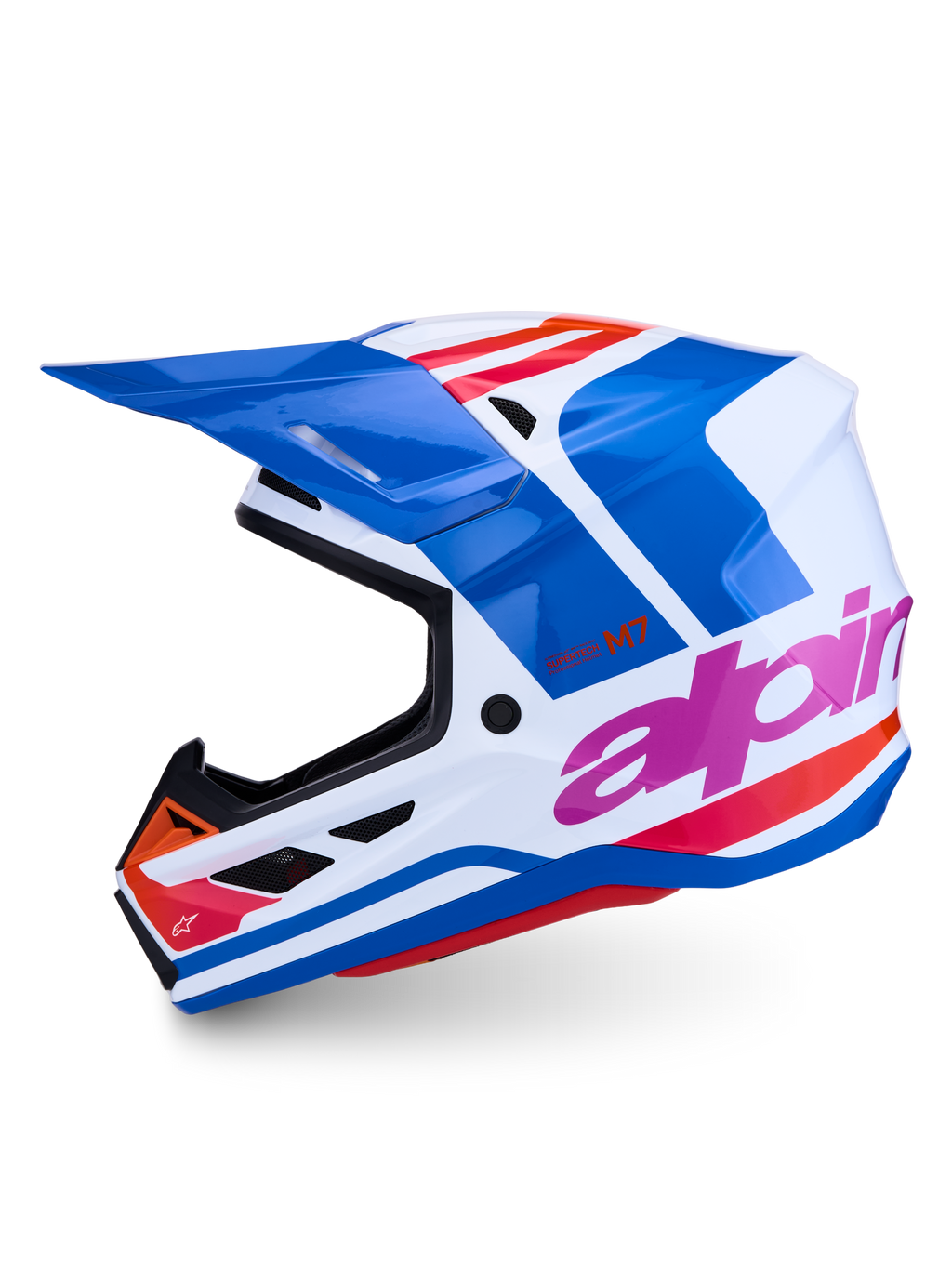Alpinestars S-M7 Core Helmet, Motocross Racing Helmet, White and Blue Glossy, ECE Certified, aerodynamic composite shell.