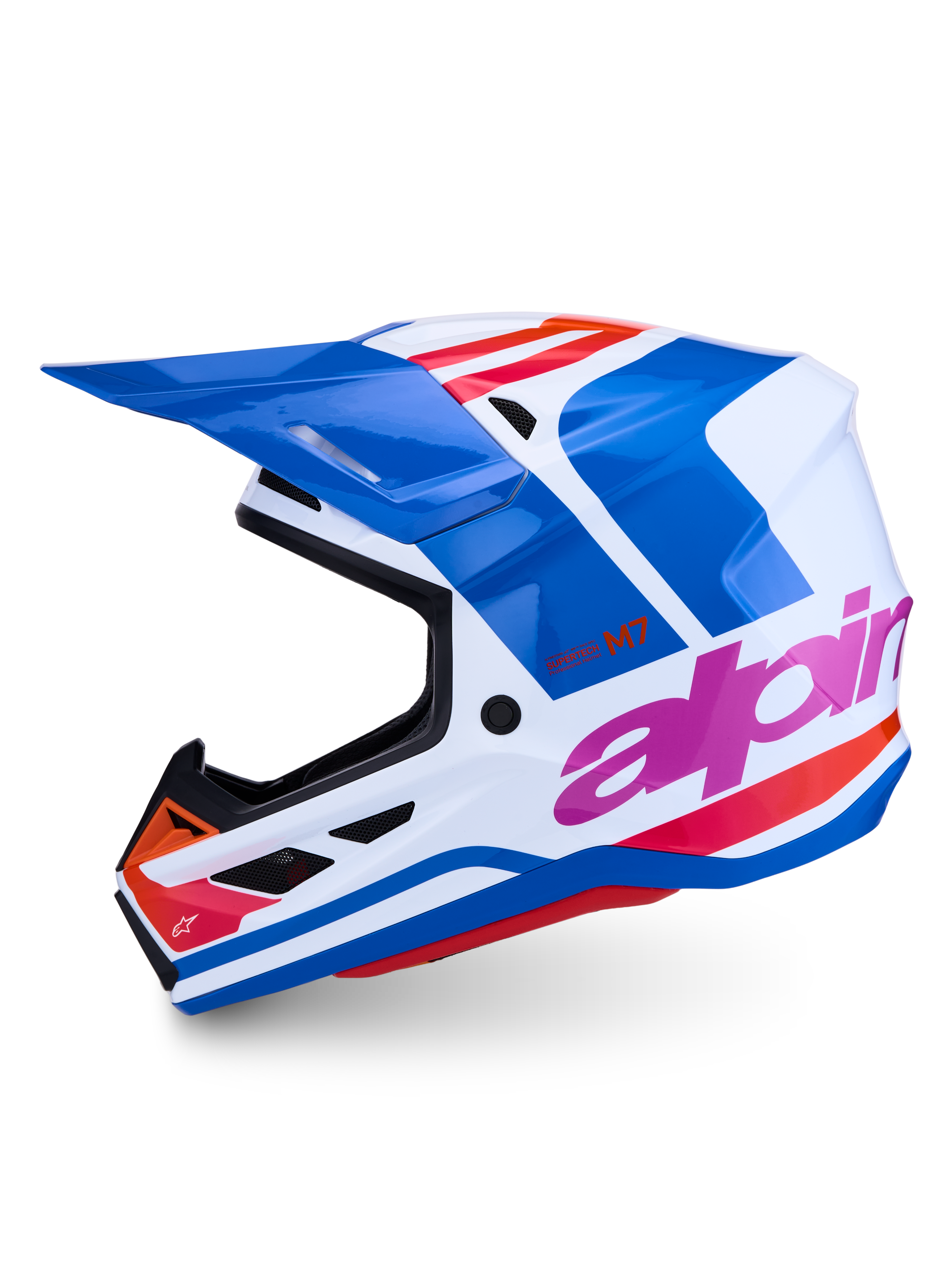 Alpinestars S-M7 Core Helmet, Motocross Racing Helmet, White and Blue Glossy, ECE Certified, aerodynamic composite shell.