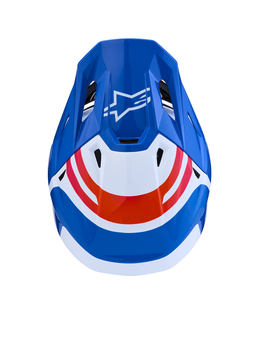 Alpinestars S-M7 Core Helmet for motocross, top view in blue, white, and orange glossy finish with aerodynamic shell design.