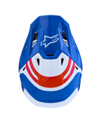 Alpinestars S-M7 Core Helmet for motocross, top view in blue, white, and orange glossy finish with aerodynamic shell design.