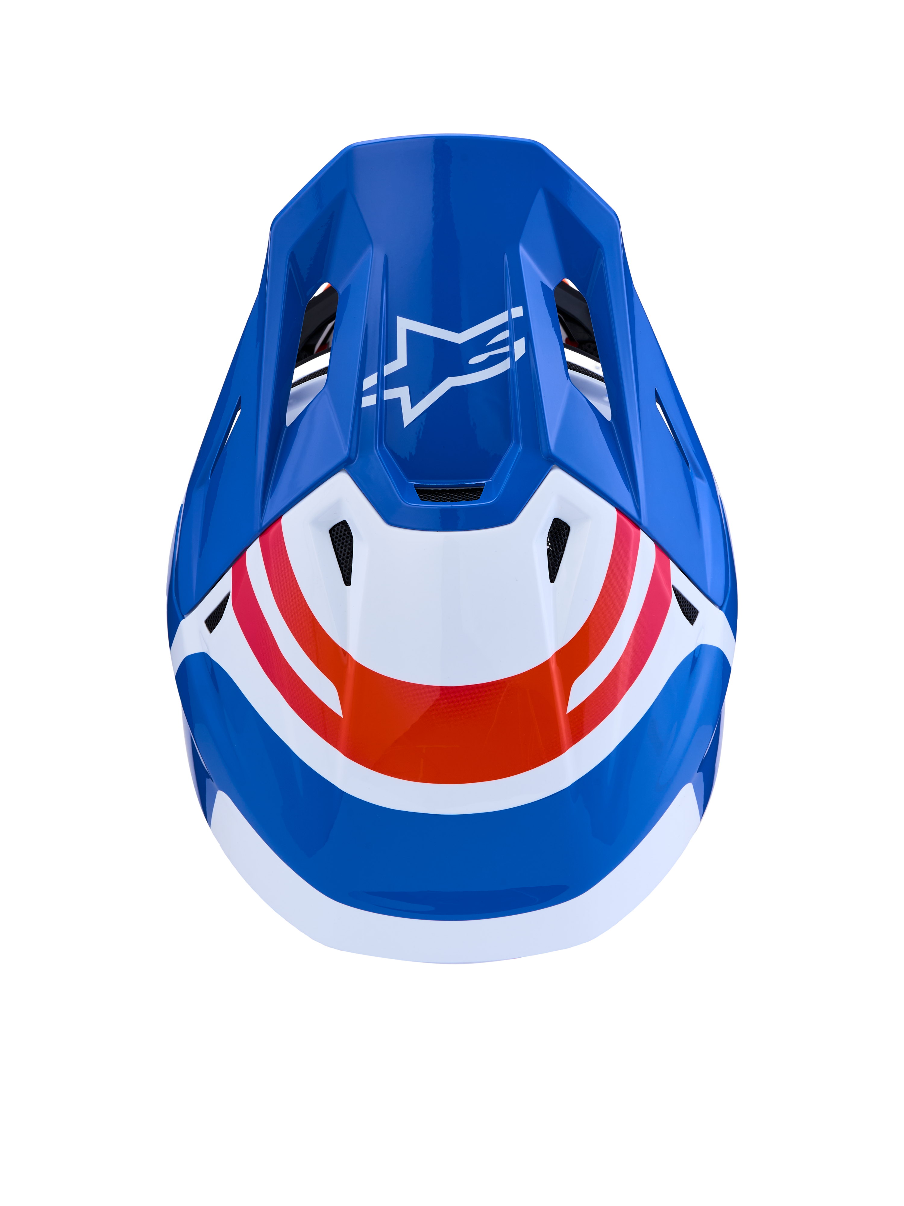 Alpinestars S-M7 Core Helmet for motocross, top view in blue, white, and orange glossy finish with aerodynamic shell design.