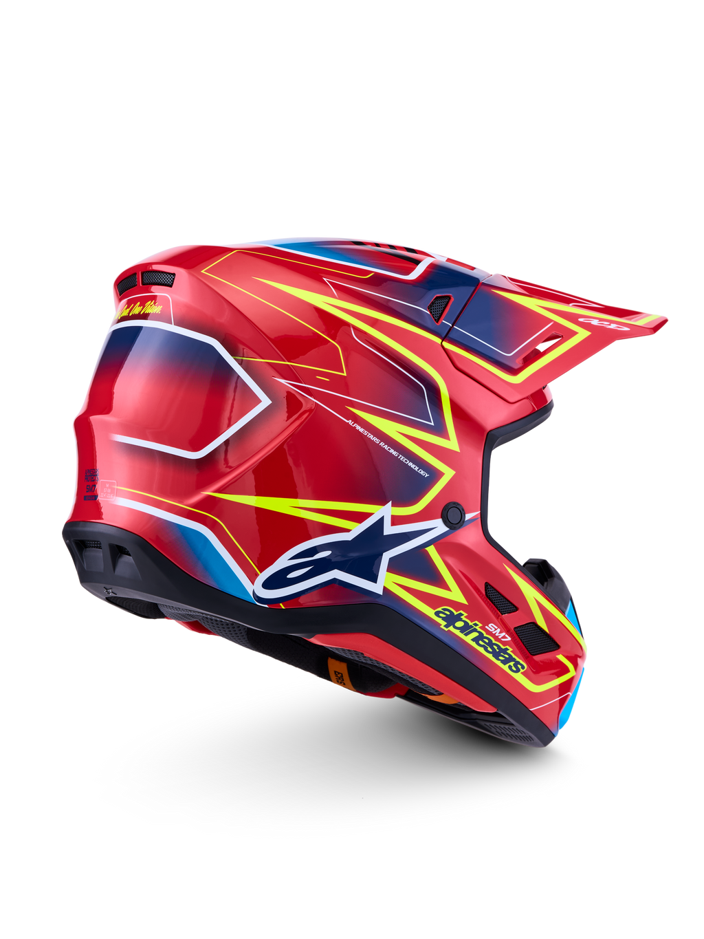 Alpinestars S-M7 Cast Motocross Helmet in red and fluo yellow, featuring a lightweight composite shell and aerodynamic vents for off-road racing performance.