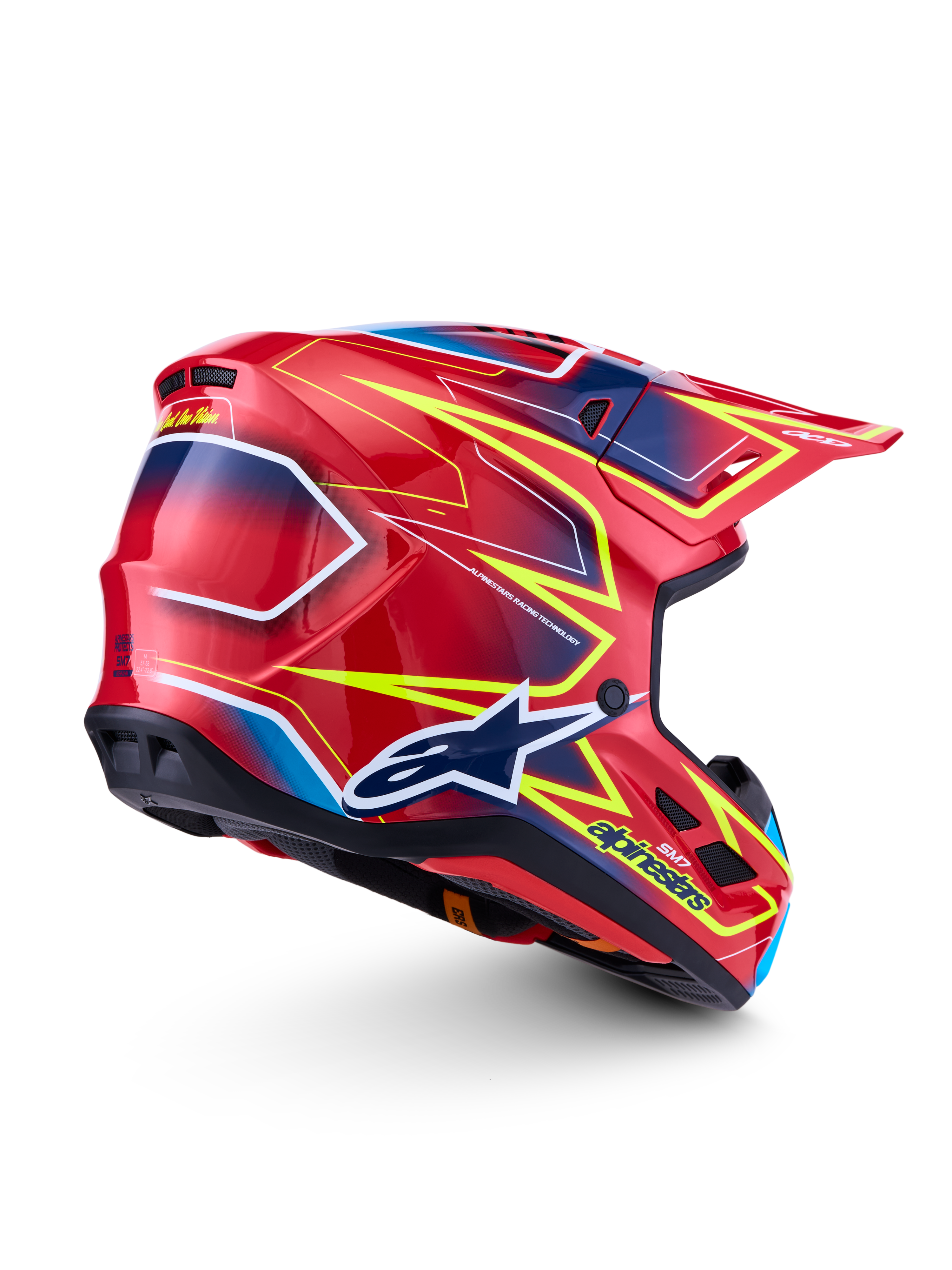 Alpinestars S-M7 Cast Motocross Helmet in red and fluo yellow, featuring a lightweight composite shell and aerodynamic vents for off-road racing performance.