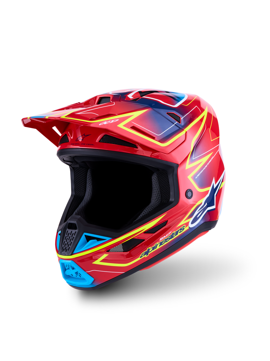Alpinestars S-M7 Cast Motocross Helmet in glossy red, yellow fluo, and blue, ECE 22.06 and DOT certified for safety.