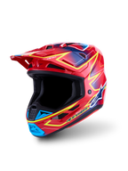 Alpinestars S-M7 Cast Motocross Helmet in glossy red, yellow fluo, and blue, ECE 22.06 and DOT certified for safety.