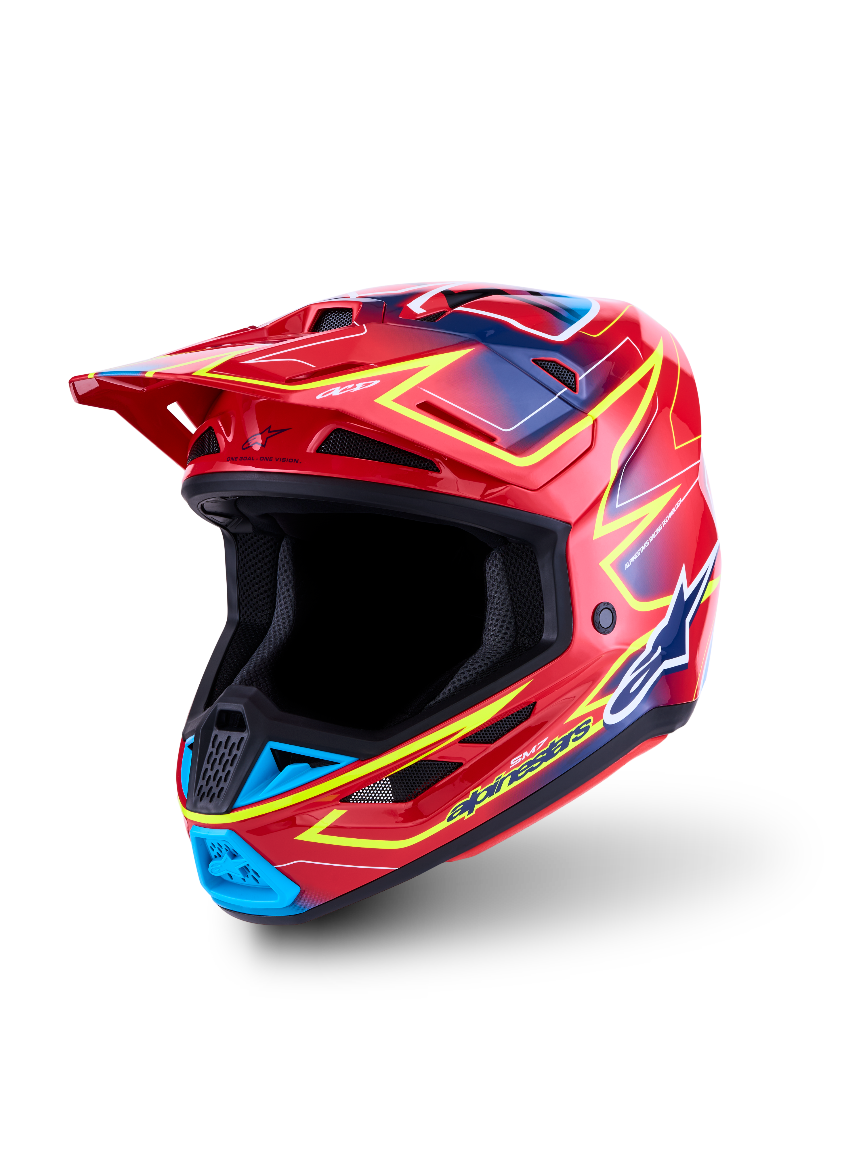 Alpinestars S-M7 Cast Motocross Helmet in glossy red, yellow fluo, and blue, ECE 22.06 and DOT certified for safety.