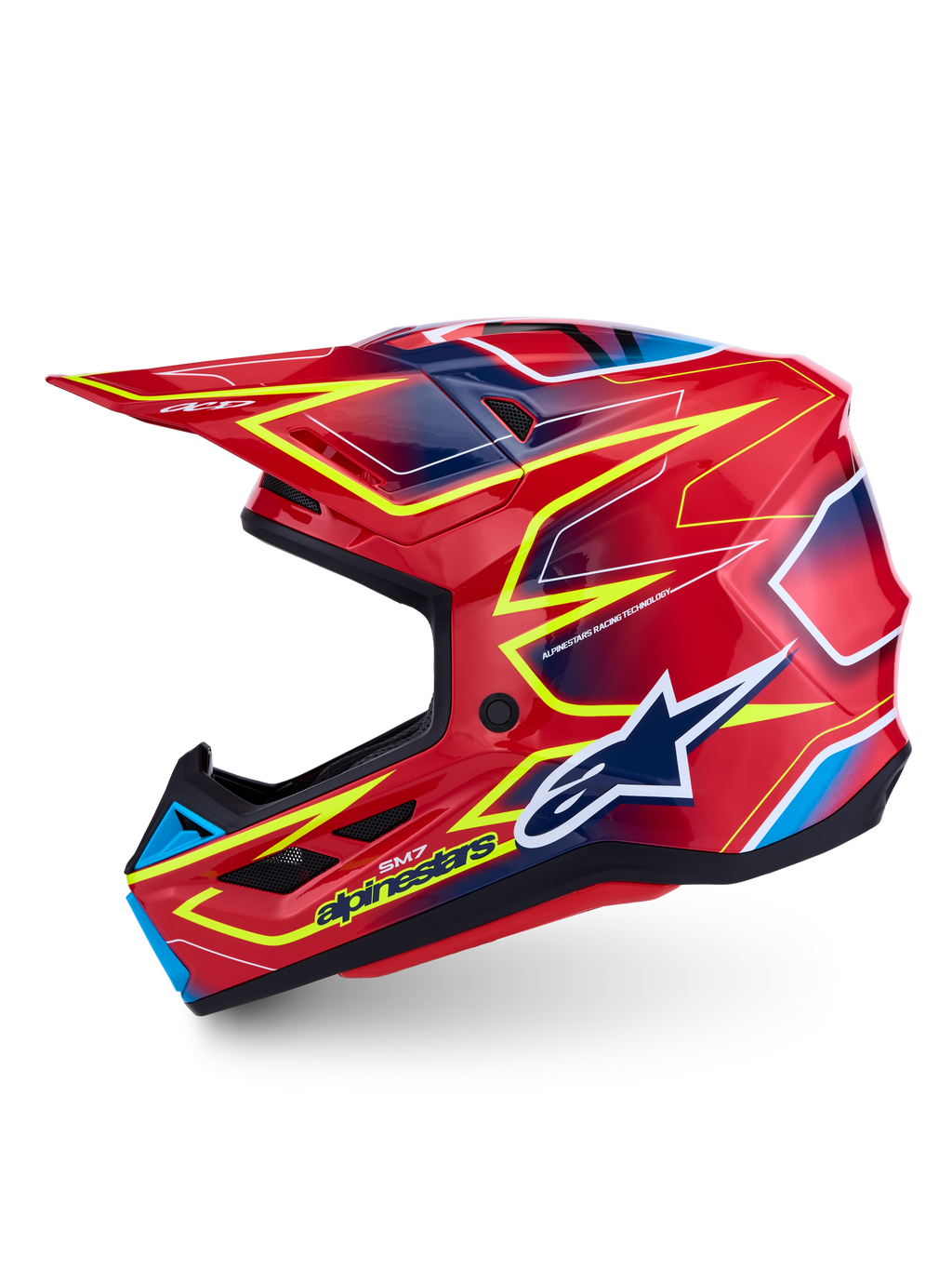 Alpinestars S-M7 Cast Motocross Helmet in Red and Yellow Fluo, featuring a lightweight composite shell and ECE certification.