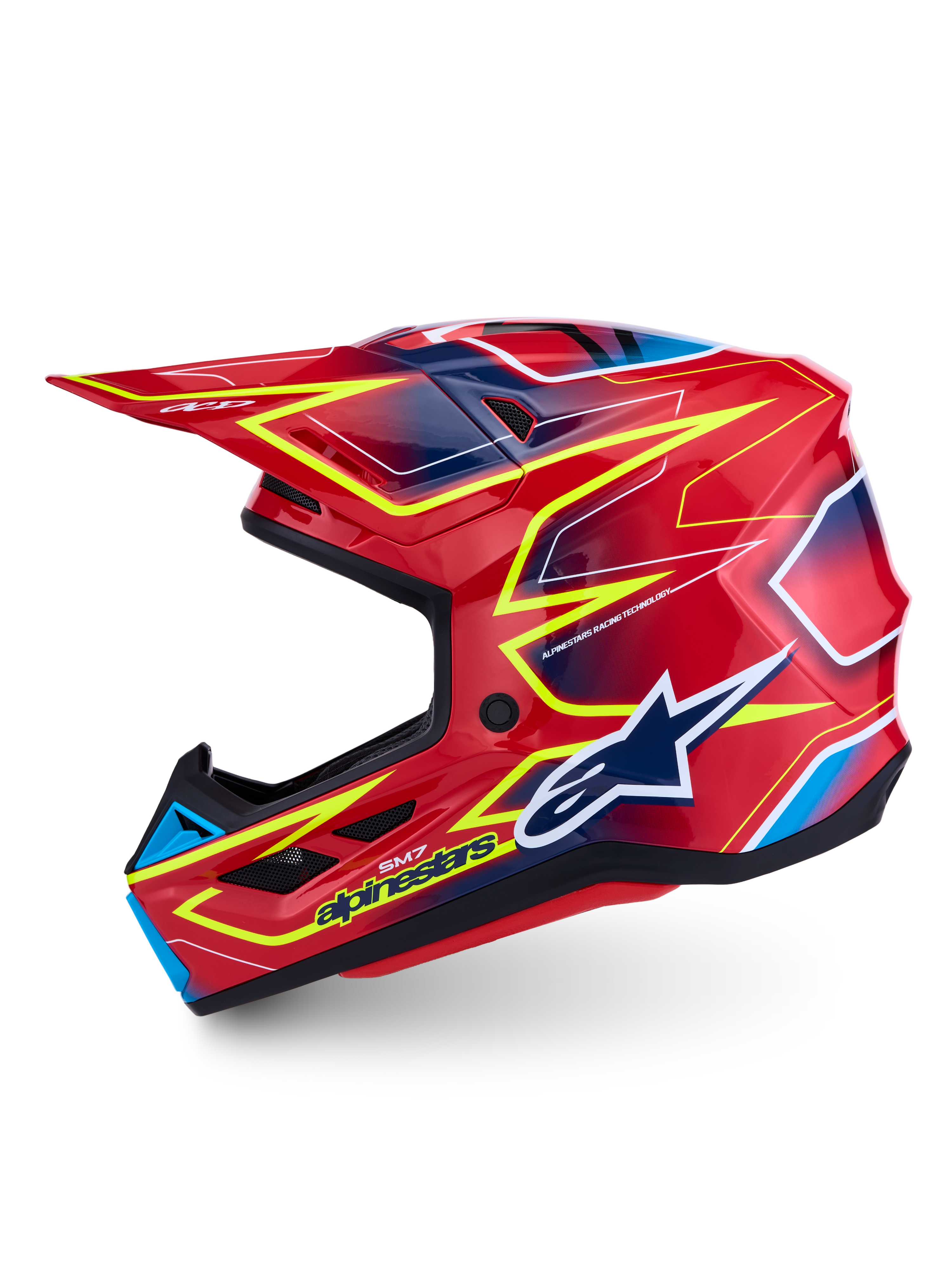 Alpinestars S-M7 Cast Motocross Helmet in Red and Yellow Fluo, featuring a lightweight composite shell and ECE certification.