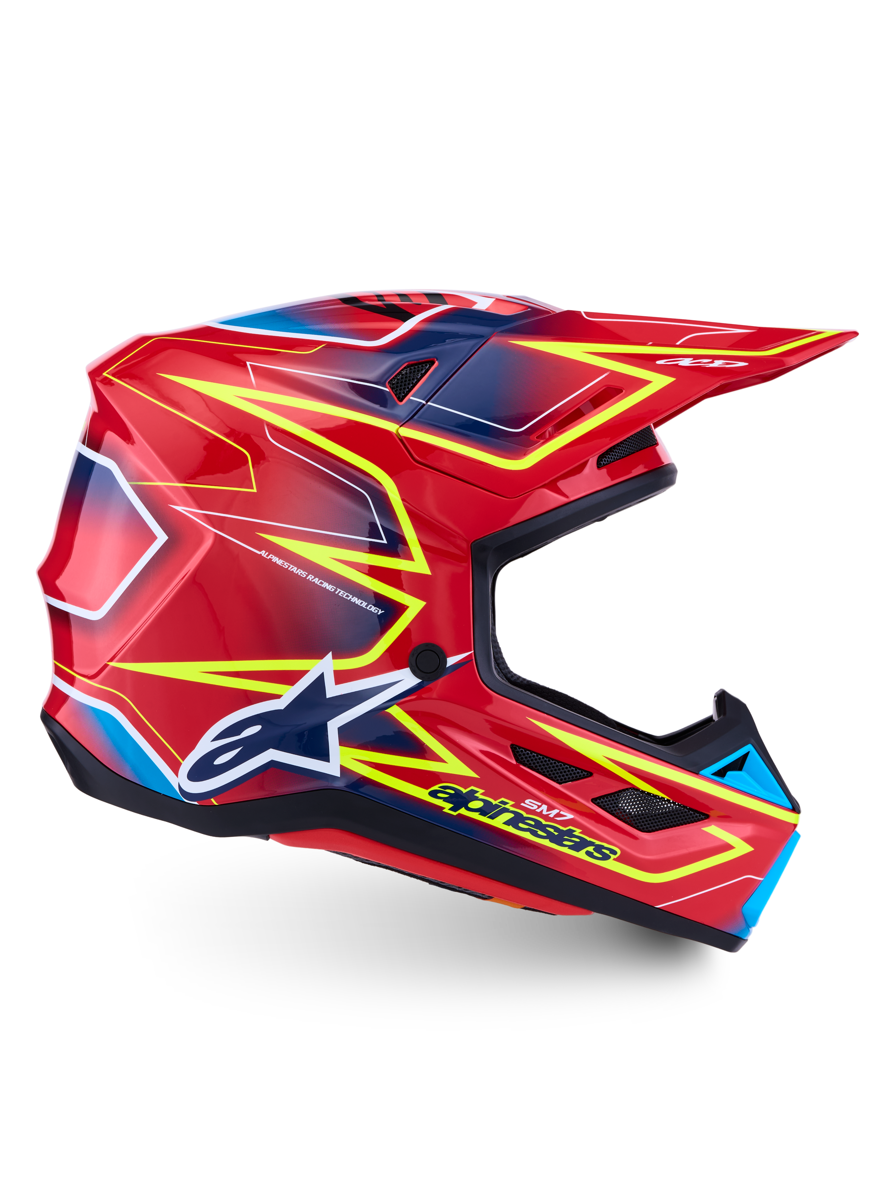 Alpinestars S-M7 Cast Motocross Helmet, Unisex, Red, Yellow Fluo and Blue Glossy, ECE 22.06 Certified lightweight shell.