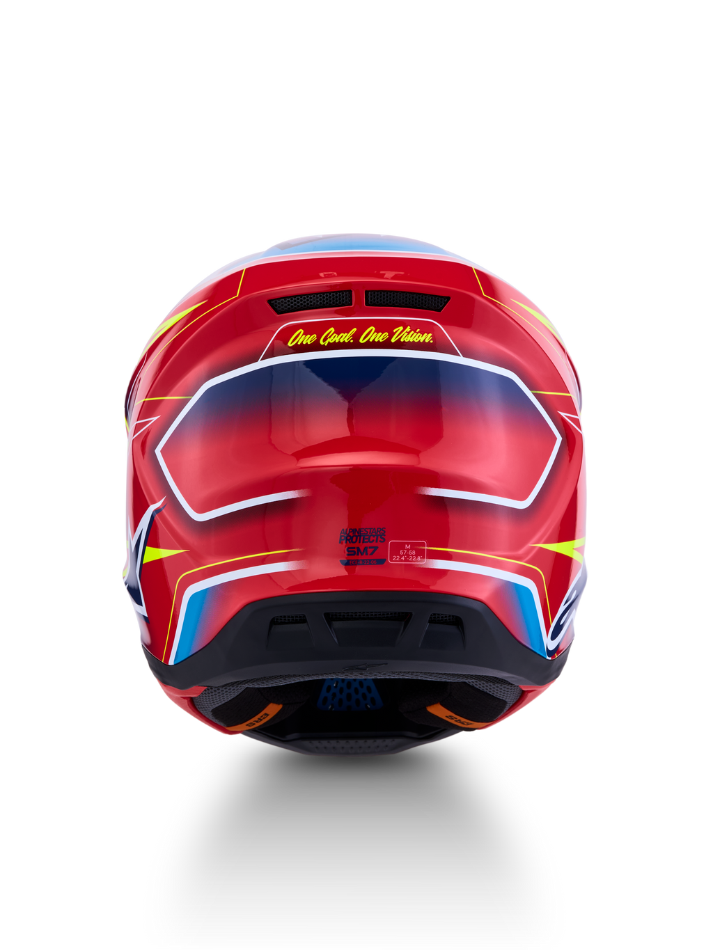 Alpinestars S-M7 Cast Motocross Helmet, Red and Blue Glossy finish, rear view with ECE 22.06 certification markings.