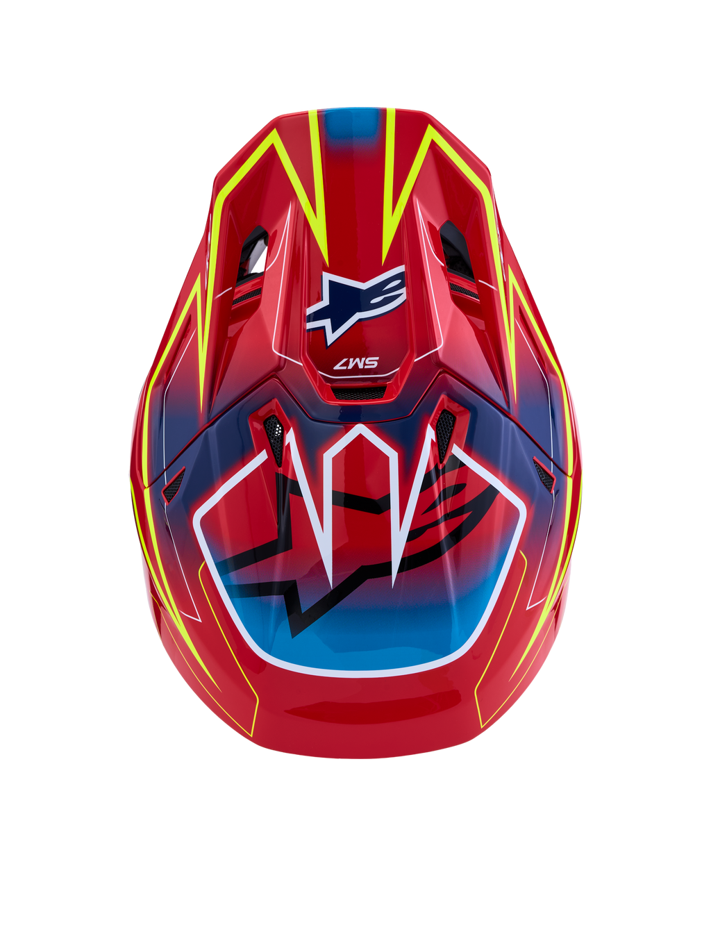 Alpinestars S-M7 Cast Motocross Helmet in glossy Red, Blue, and Yellow Fluo with aerodynamic ventilation ports.