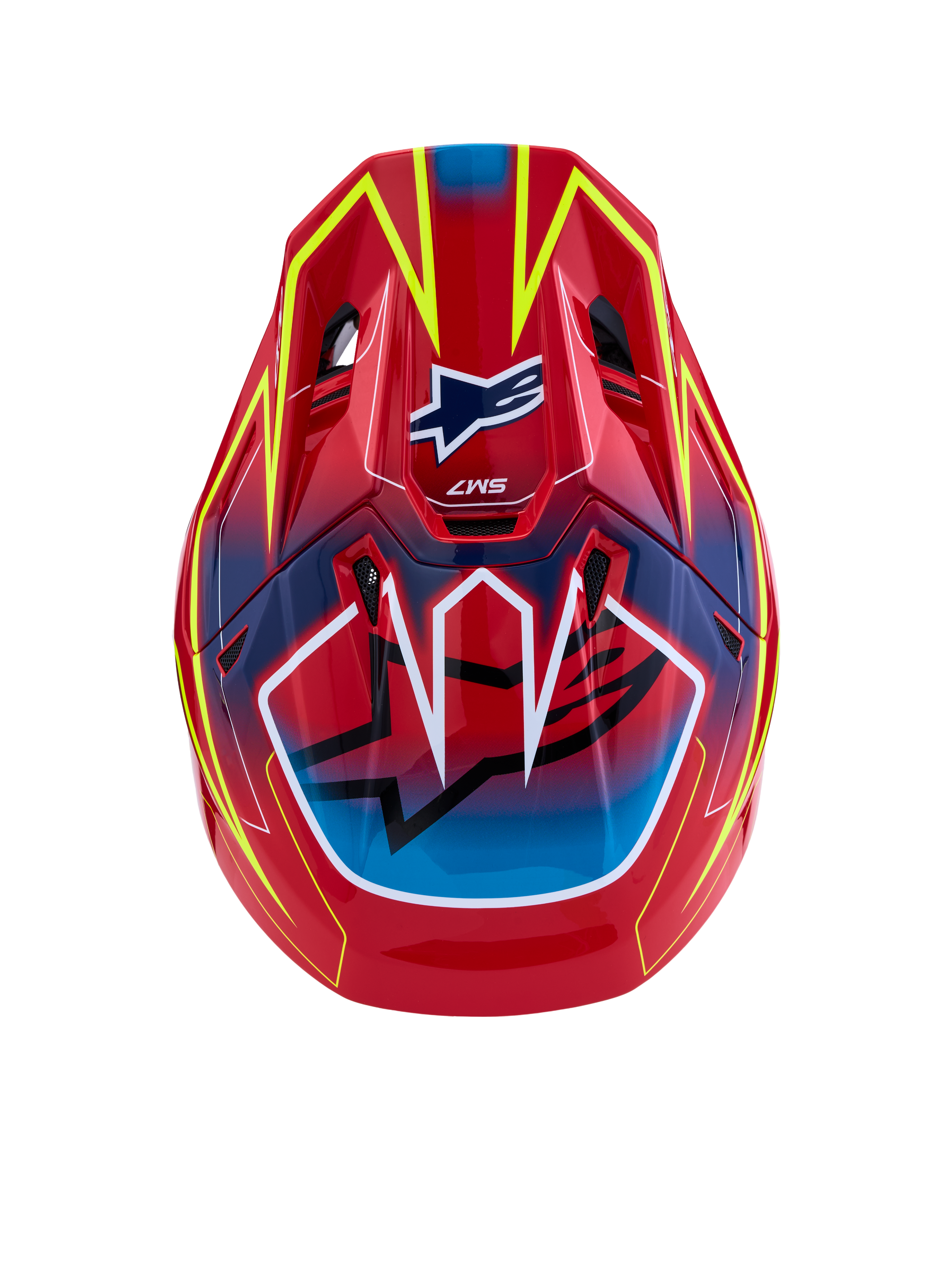 Alpinestars S-M7 Cast Motocross Helmet in glossy Red, Blue, and Yellow Fluo with aerodynamic ventilation ports.