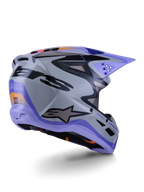 Alpinestars SM3 Jettson Motocross Helmet, gray and purple glossy, ECE 22.06 certified, rear three-quarter view.
