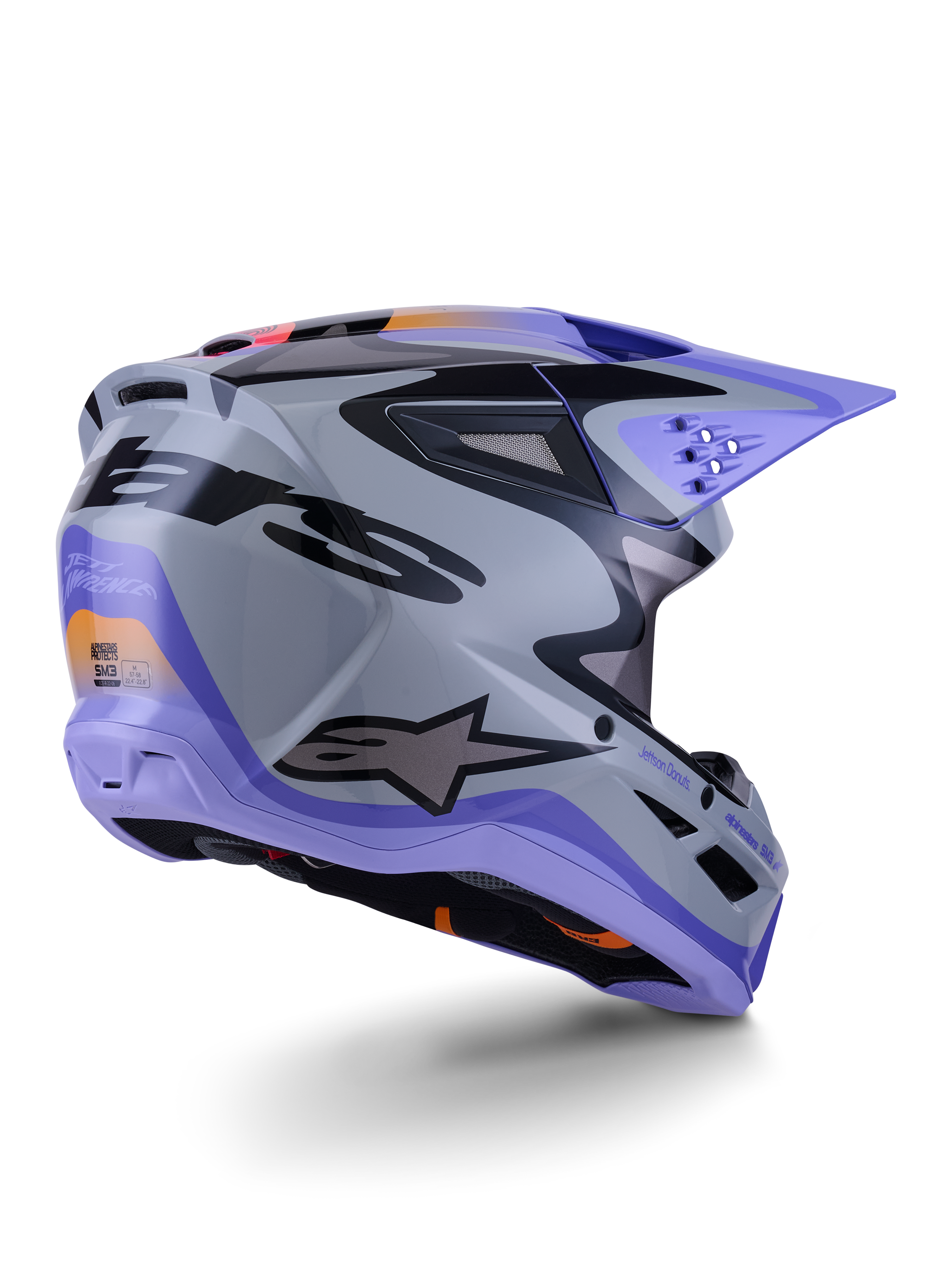 Alpinestars SM3 Jettson Motocross Helmet, gray and purple glossy, ECE 22.06 certified, rear three-quarter view.