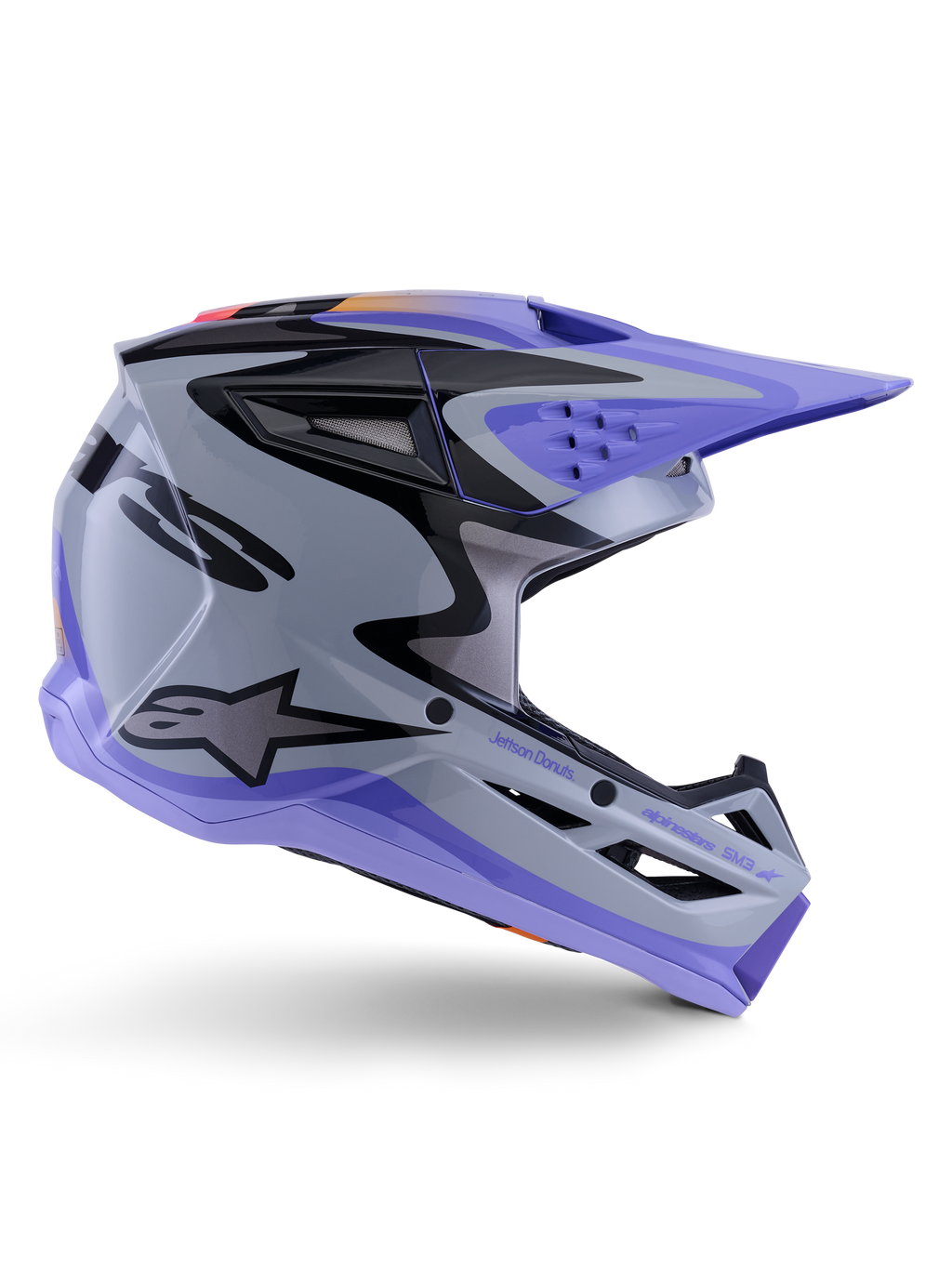 Alpinestars SM3 Jettson Motocross Helmet in gray and purple, with ECE and DOT certification and a lightweight shell.