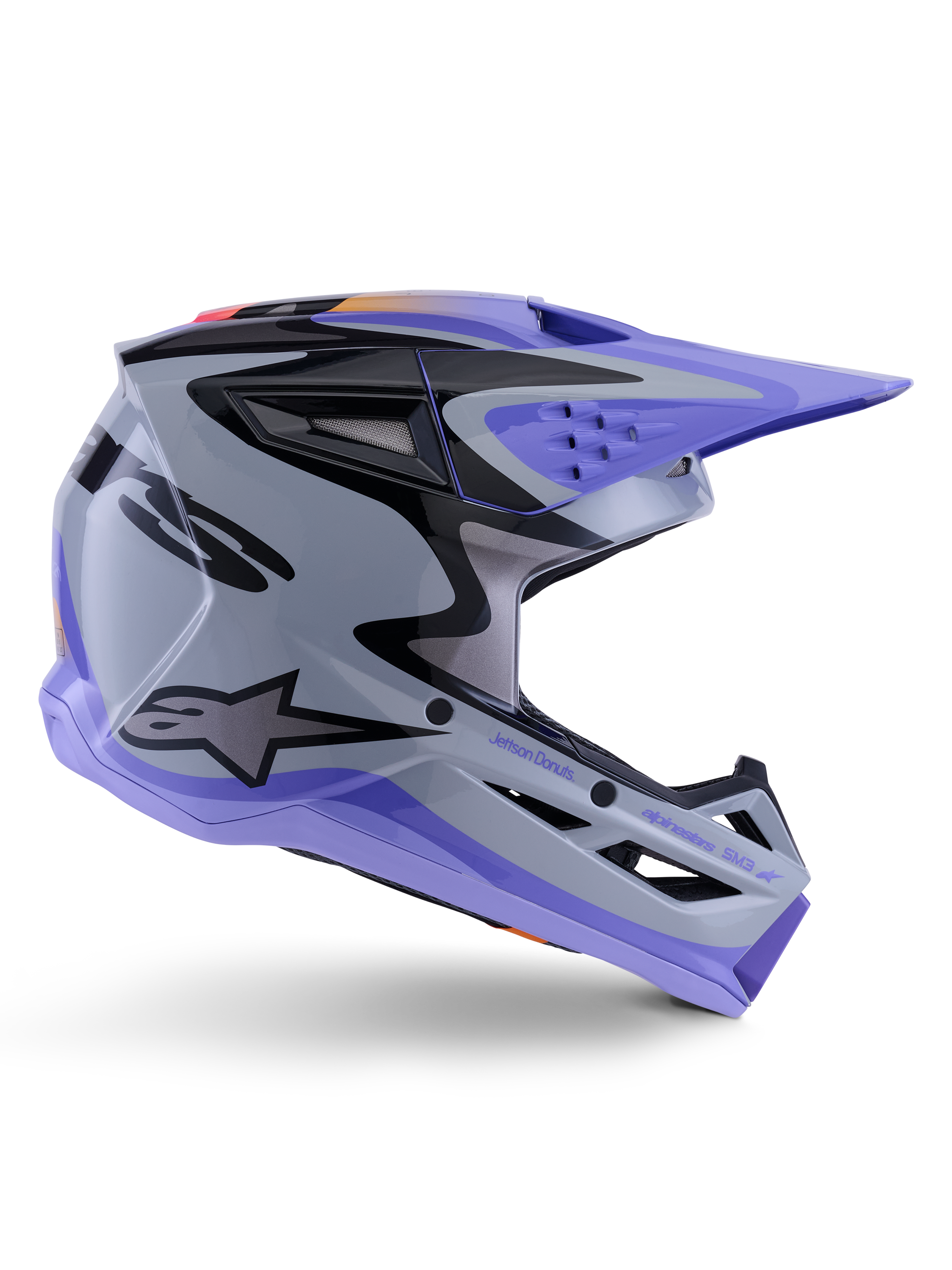 Alpinestars SM3 Jettson Motocross Helmet in gray and purple, with ECE and DOT certification and a lightweight shell.