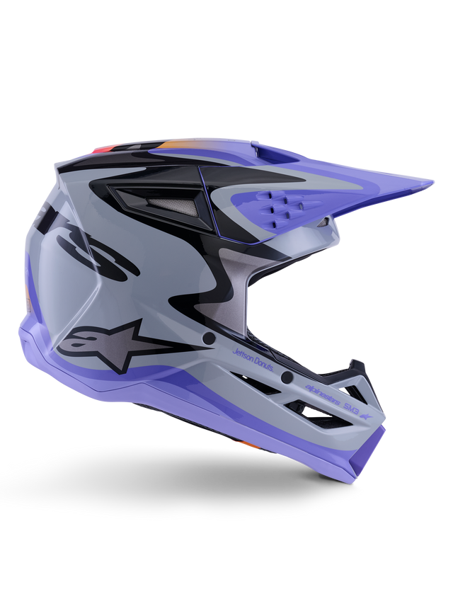 Alpinestars SM3 Jettson Motocross Helmet in gray and purple, with ECE and DOT certification and a lightweight shell.