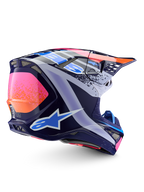 Alpinestars Supertech M10 Records Helmet, navy blue and pink motocross helmet, ECE and DOT certified racing gear.