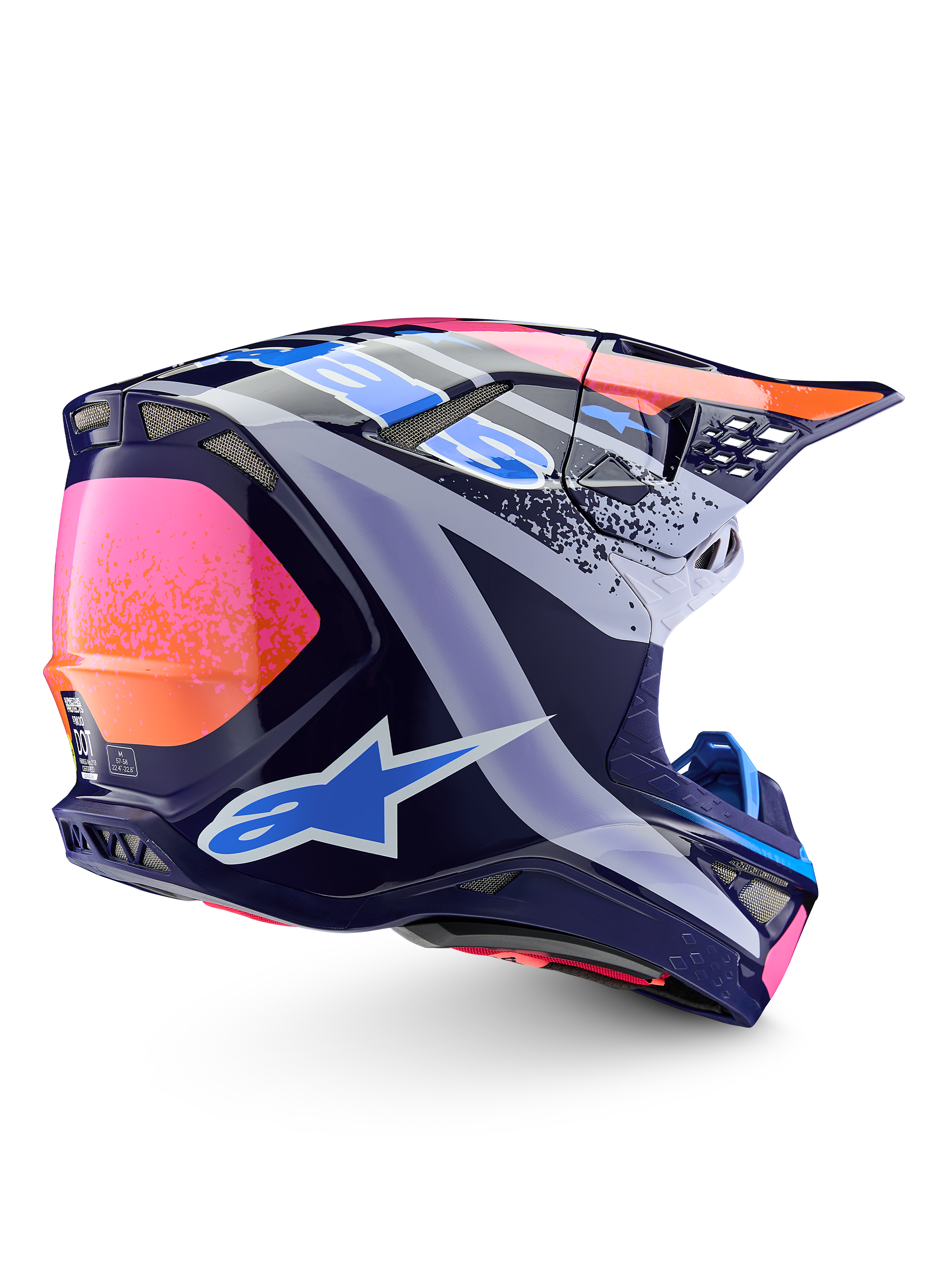 Alpinestars Supertech M10 Records Helmet, navy blue and pink motocross helmet, ECE and DOT certified racing gear.