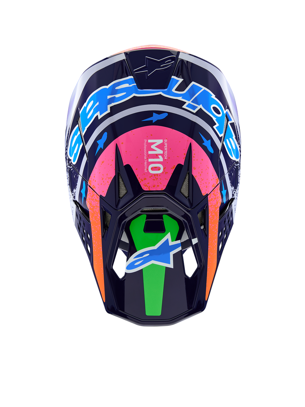 Alpinestars Limited Edition Supertech M10 Records Helmet, navy blue motocross helmet with pink and green accents.