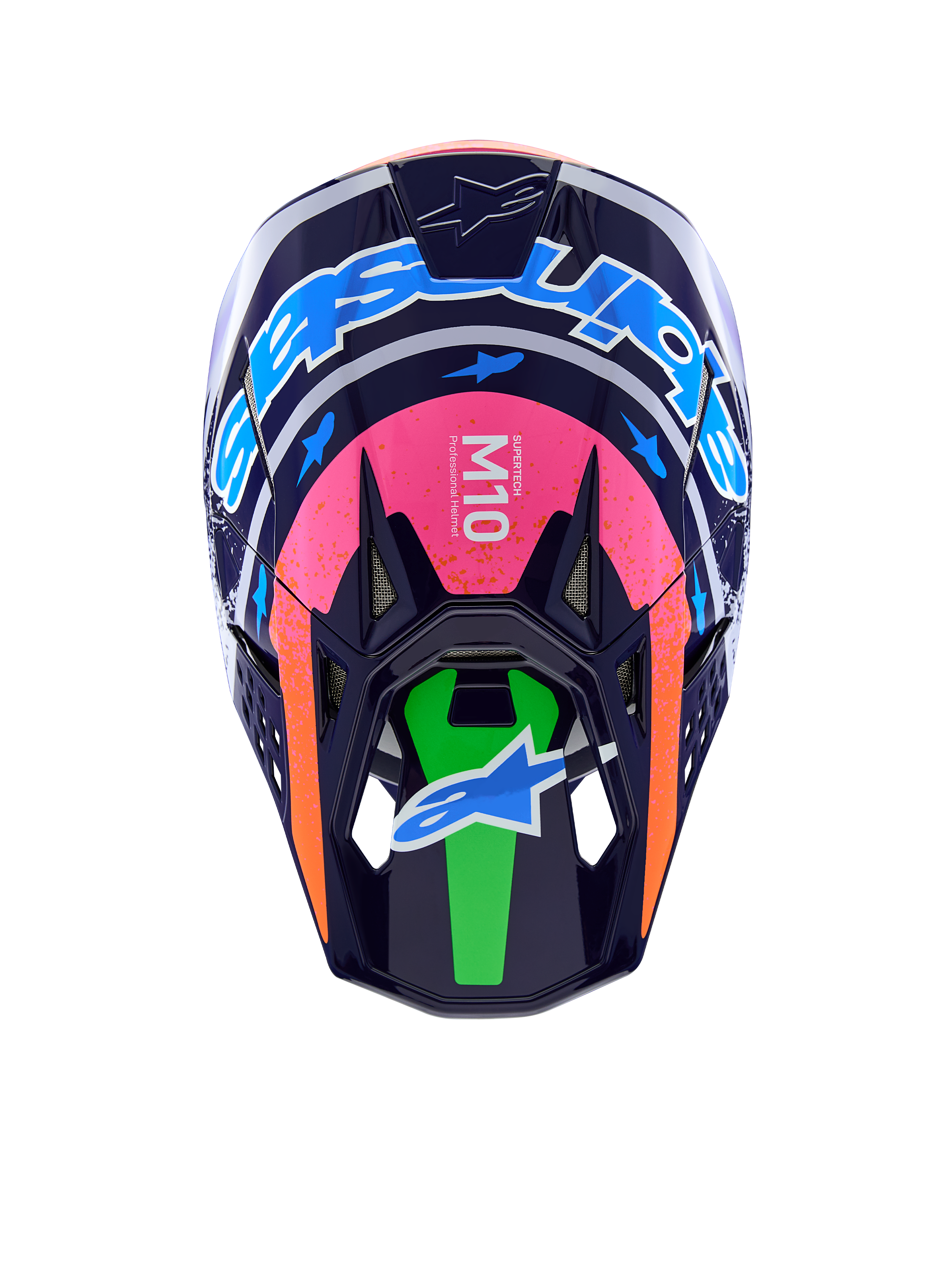 Alpinestars Limited Edition Supertech M10 Records Helmet, navy blue motocross helmet with pink and green accents.