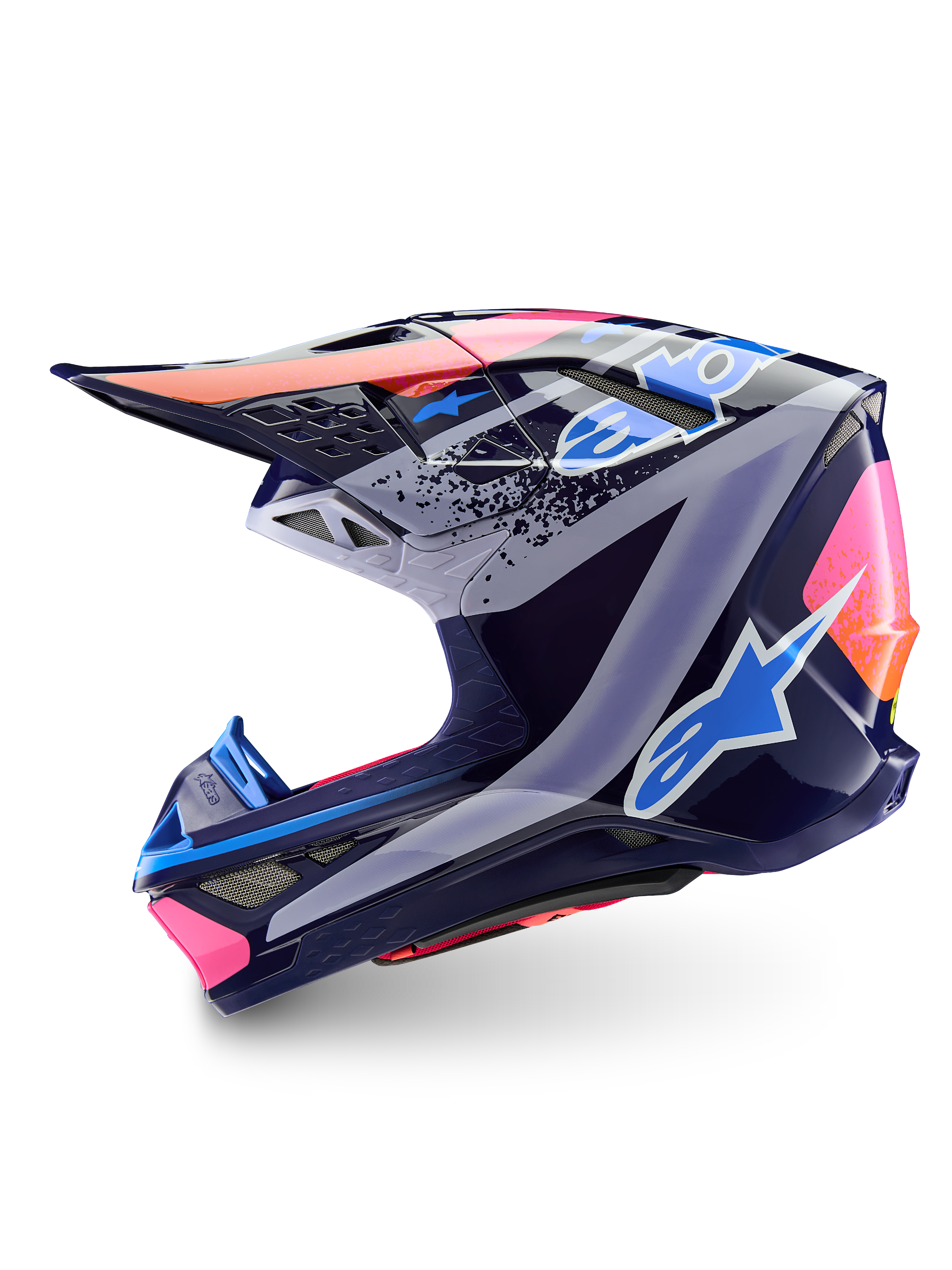 Alpinestars Limited Edition Supertech M10 Records Motocross Helmet, Navy Blue and Pink, ECE 22.06 and DOT certified.