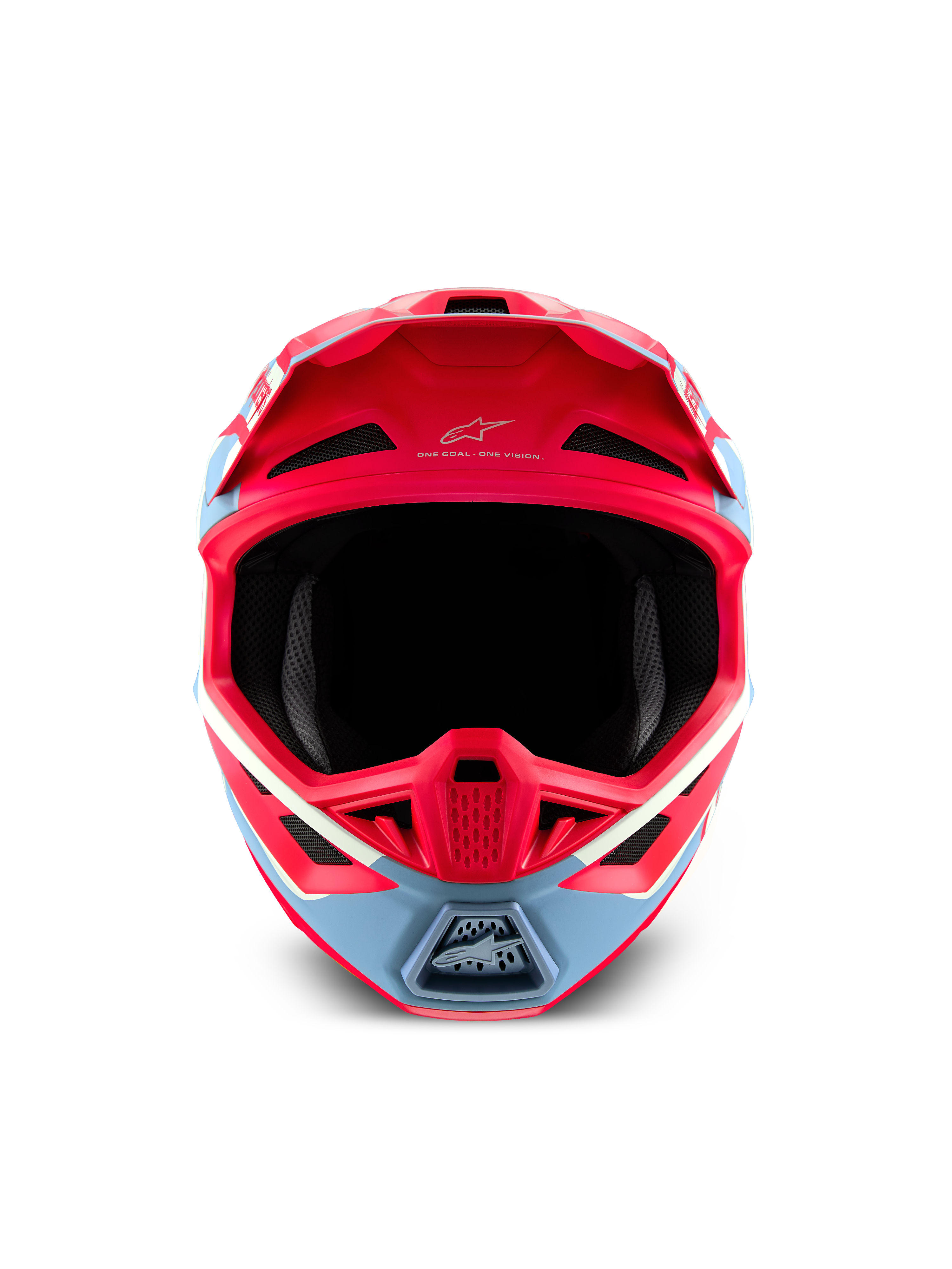 Alpinestars S-M7 Beast Coast Motocross Helmet, front view in matte Hot Orange and Light Gray, ECE 22.06 and DOT certified.