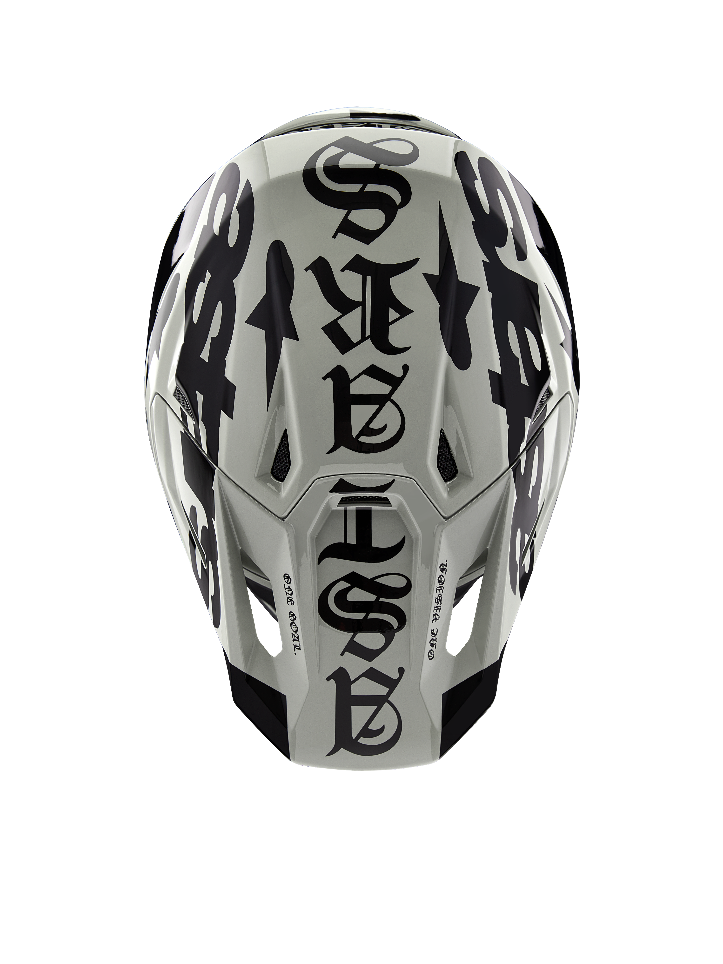 Alpinestars Limited Edition S-M7 Wolf Dust Helmet, grey and black motocross helmet featuring unique gothic graphics.