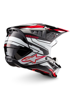 Alpinestars S-M5 Action 2 Helmet, motocross helmet in glossy black, white and bright red, side view with peak visor, ventilation openings and graphic detailing.