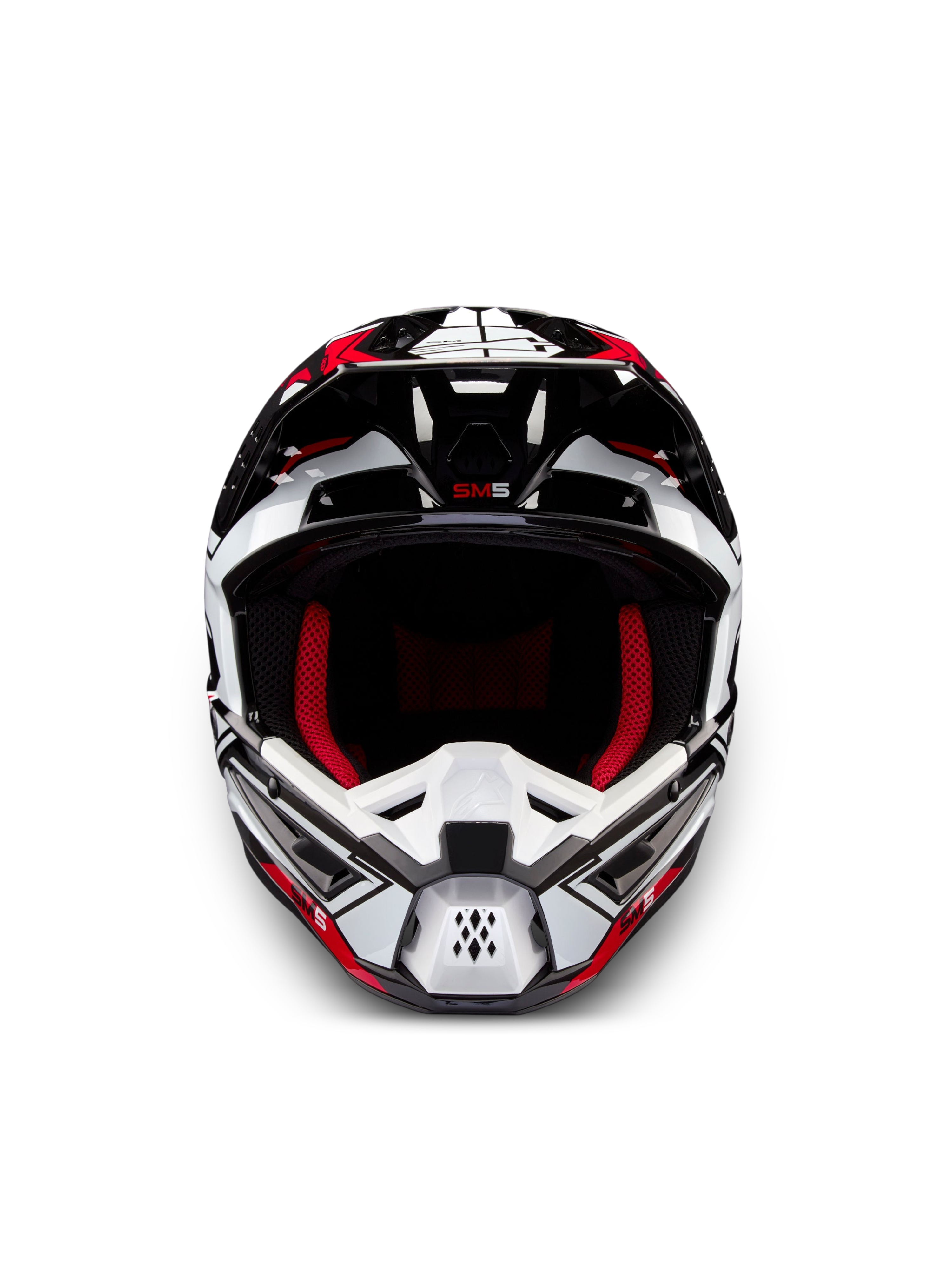 Alpinestars S-M5 Action 2 Helmet, motocross helmet in black, white and bright red glossy graphics, front view with red interior padding
