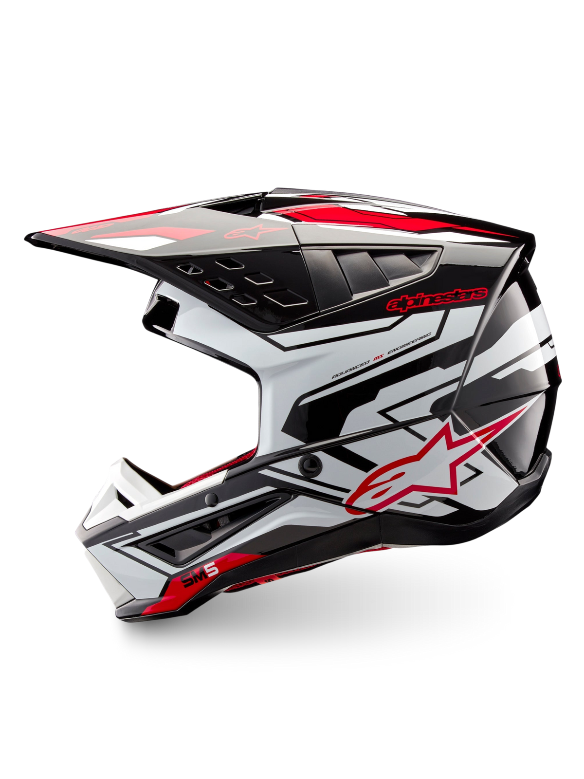 Alpinestars S-M5 Action 2 Helmet, black, white and bright red glossy motocross helmet, side view with peak and ventilation details