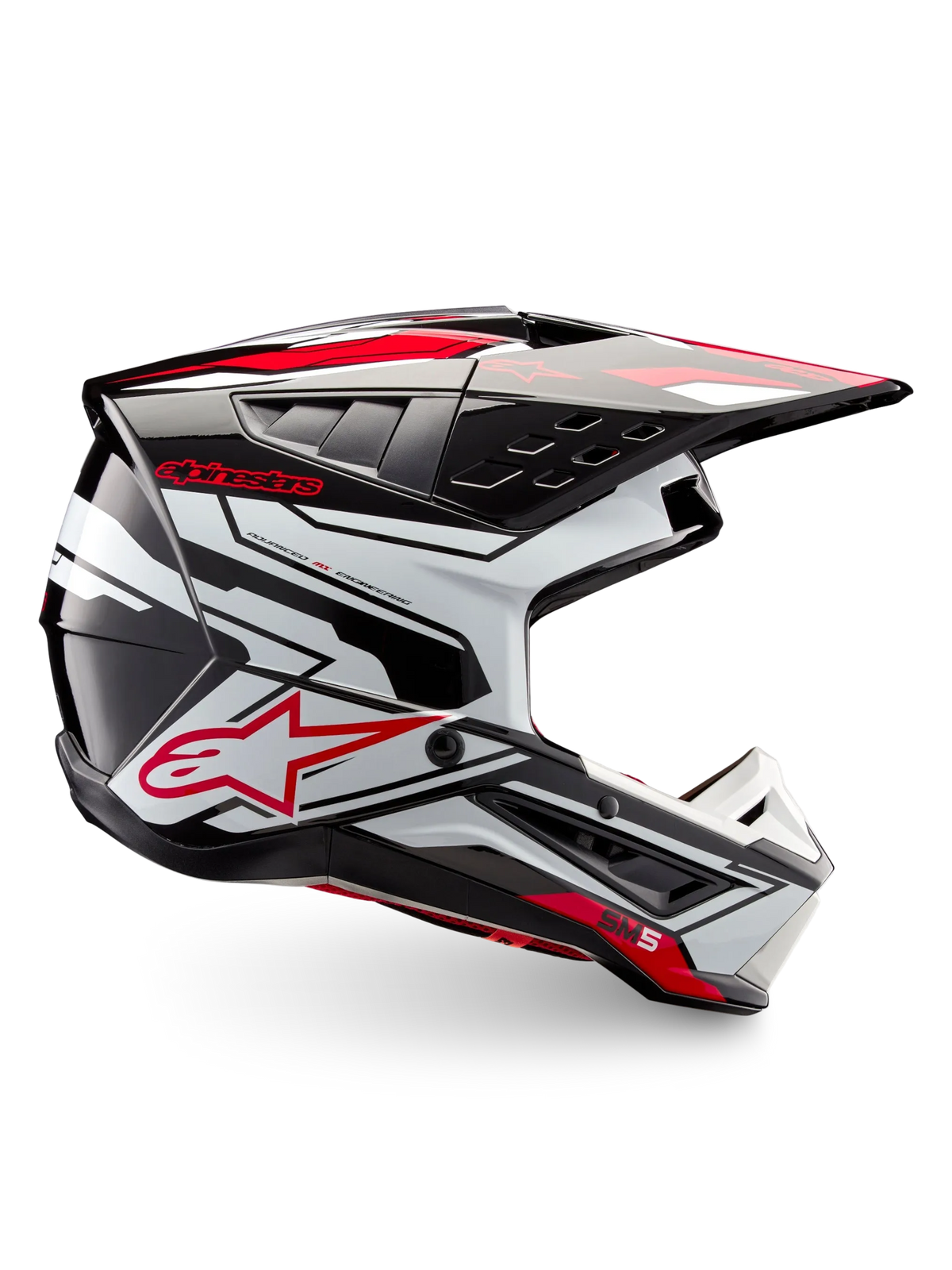Alpinestars S-M5 Action 2 Helmet, motocross helmet in glossy Black, White and Bright Red, side view with angular graphics, peak visor and ventilation details