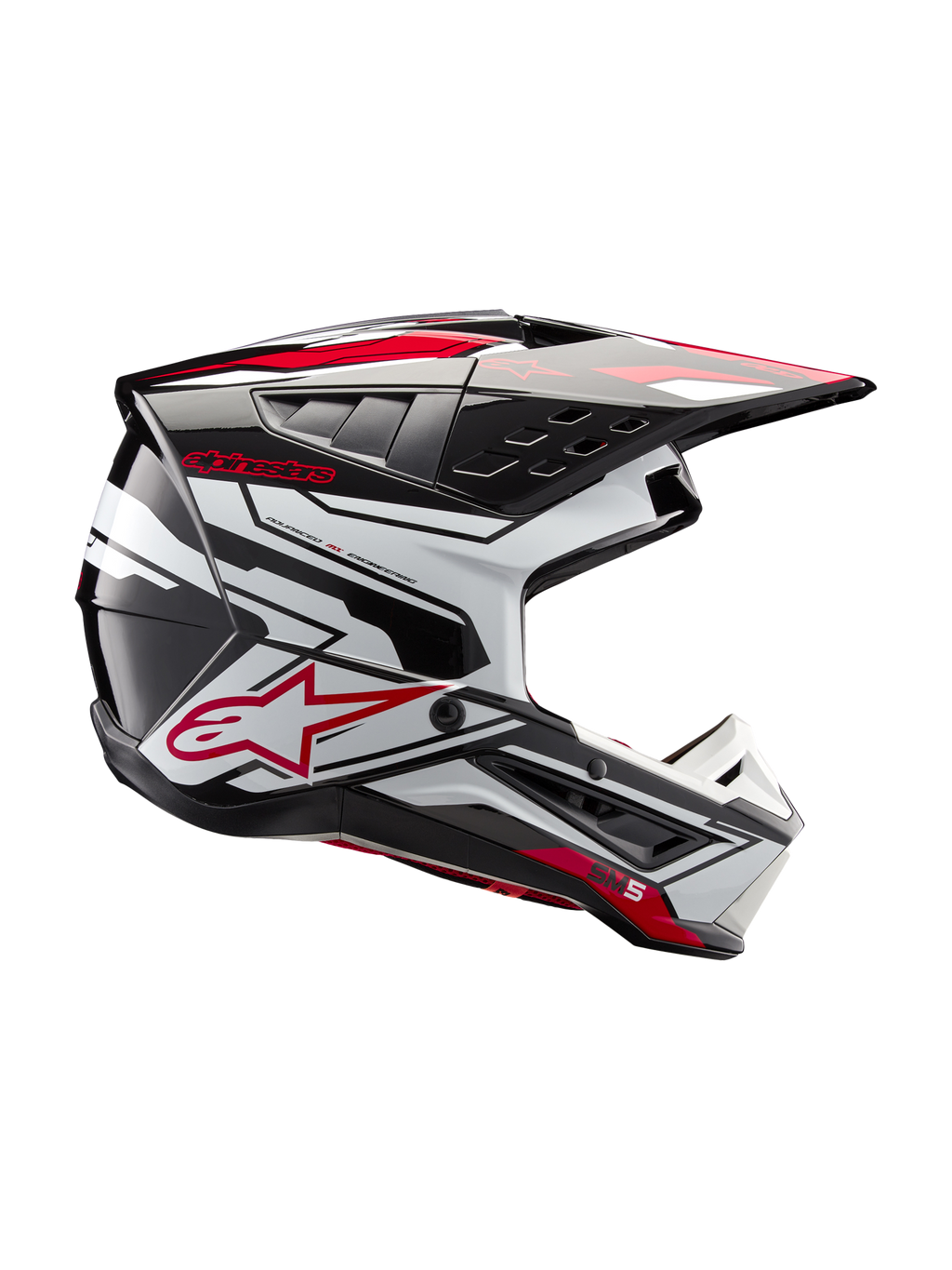 Alpinestars S-M5 Action 2 Helmet, Motocross Racing Helmet in Black, White, and Bright Red Glossy design.