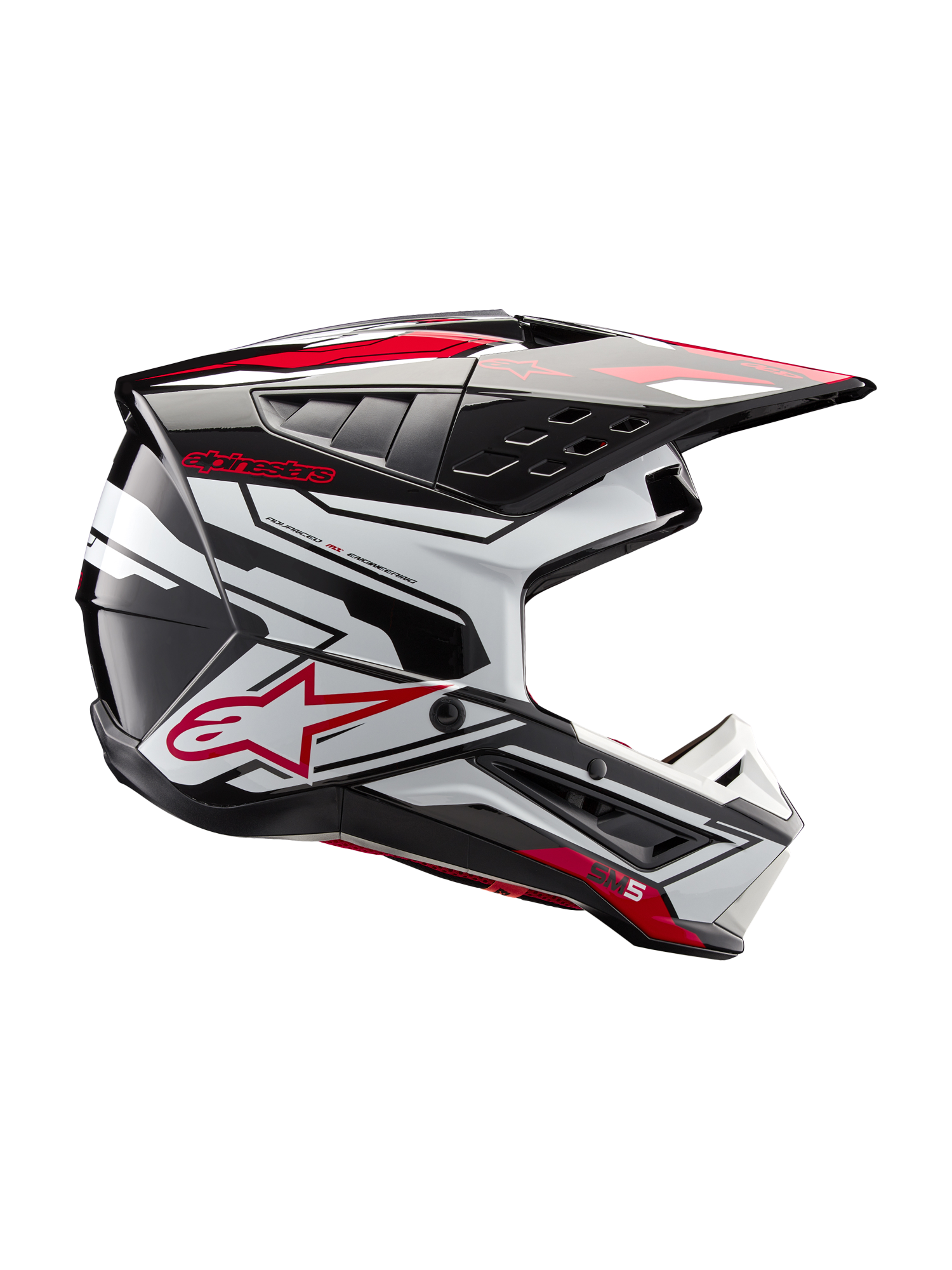 Alpinestars S-M5 Action 2 Helmet, Motocross Racing Helmet in Black, White, and Bright Red Glossy design.