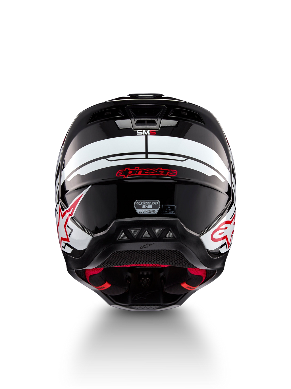 Alpinestars S-M5 Action 2 Helmet, black, white and bright red glossy motocross helmet, front view with ECE-R22-06 marking