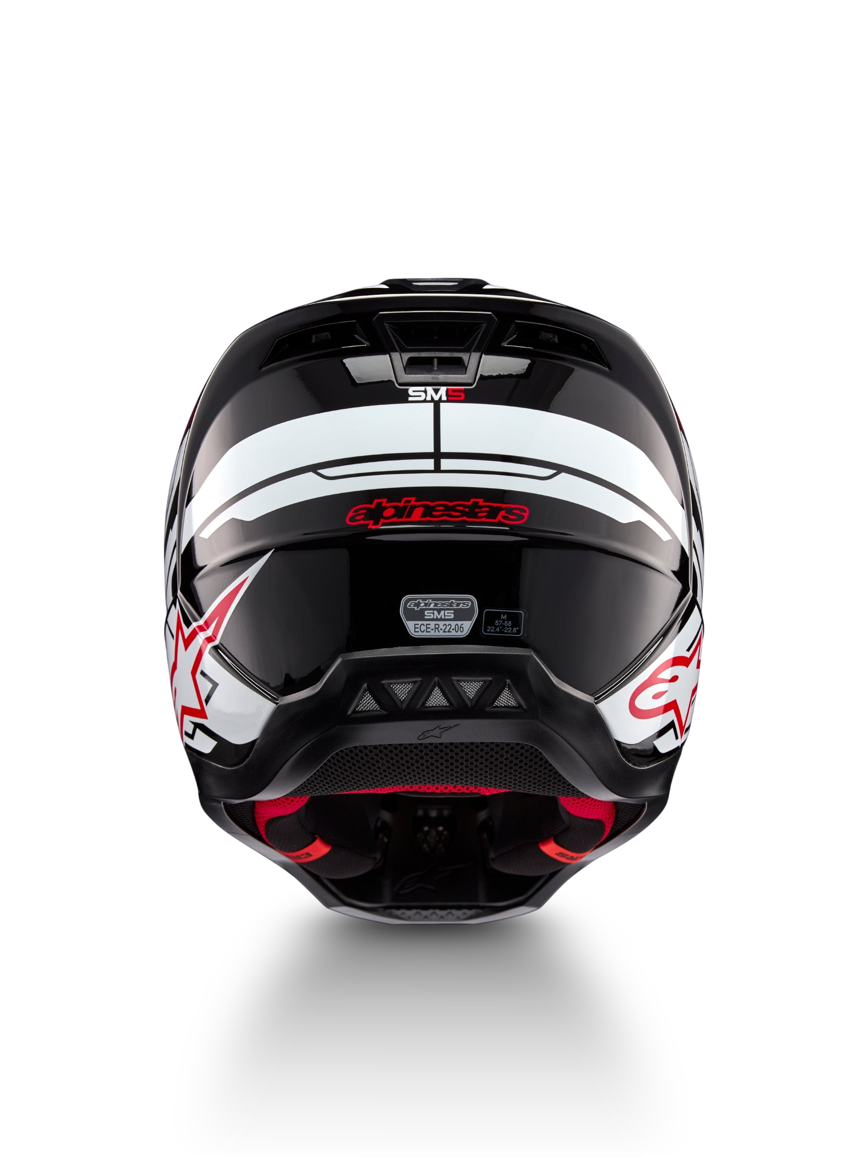 Alpinestars S-M5 Action 2 Helmet, black, white and bright red glossy motocross helmet, front view with ECE-R22-06 marking
