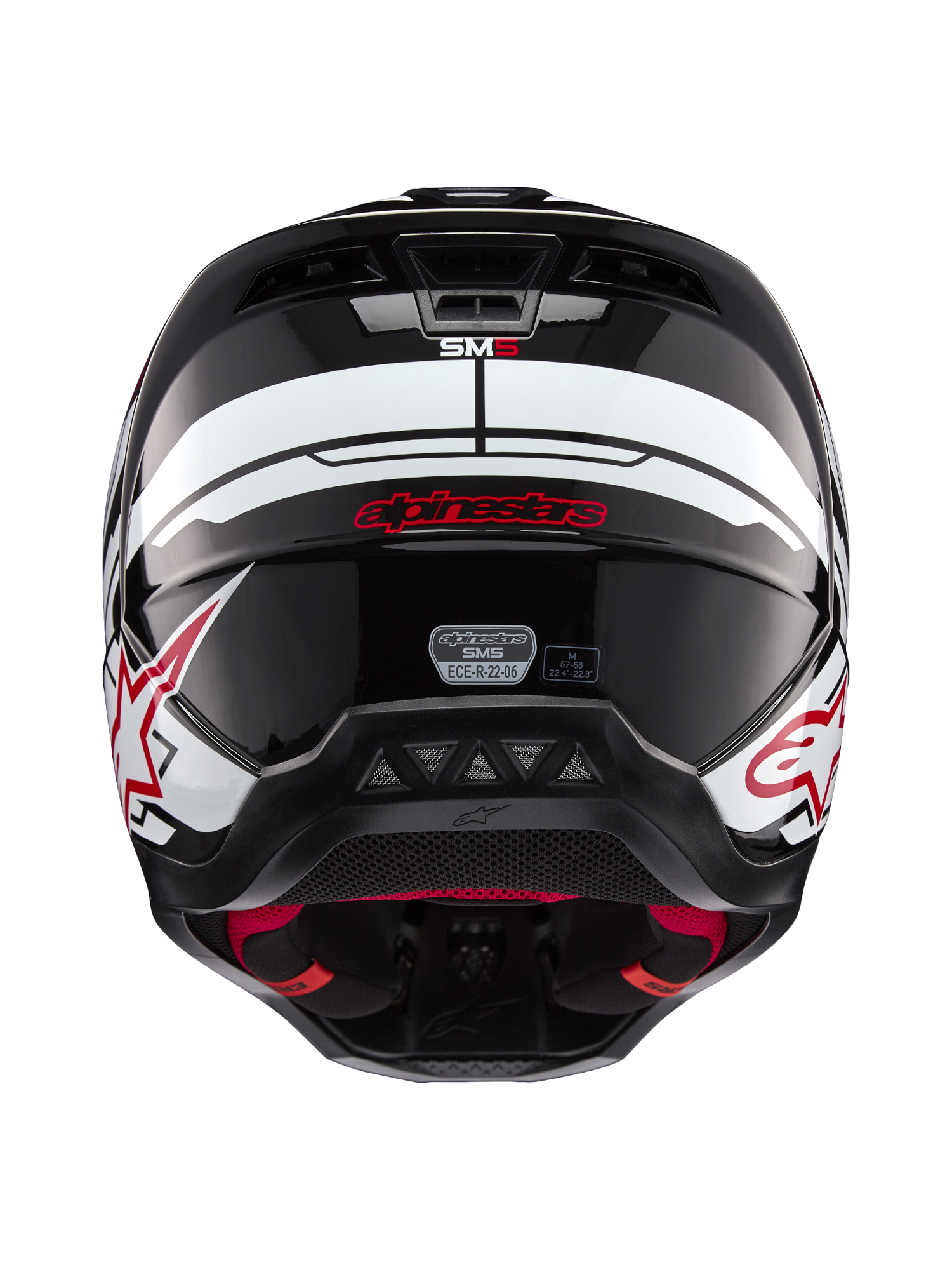 Alpinestars S-M5 Action 2 Helmet, Motocross Racing Helmet, Black, White and Bright Red, ECE 22.06 Certified, Rear View.