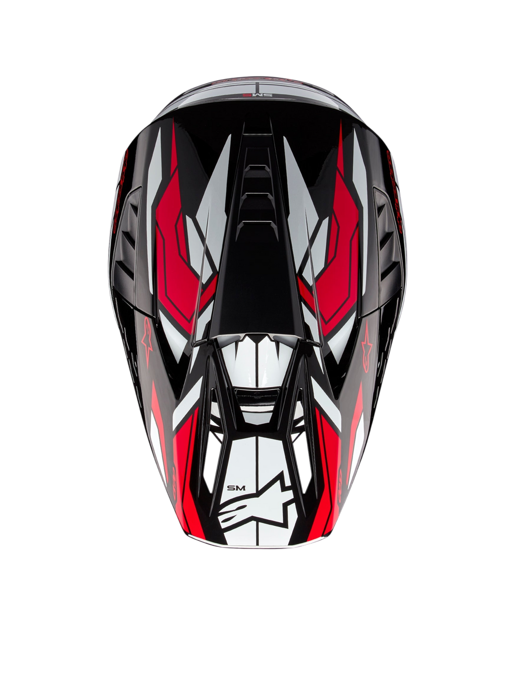 Alpinestars S-M5 Action 2 Helmet, motocross helmet shown from above, glossy Black, White and Bright Red