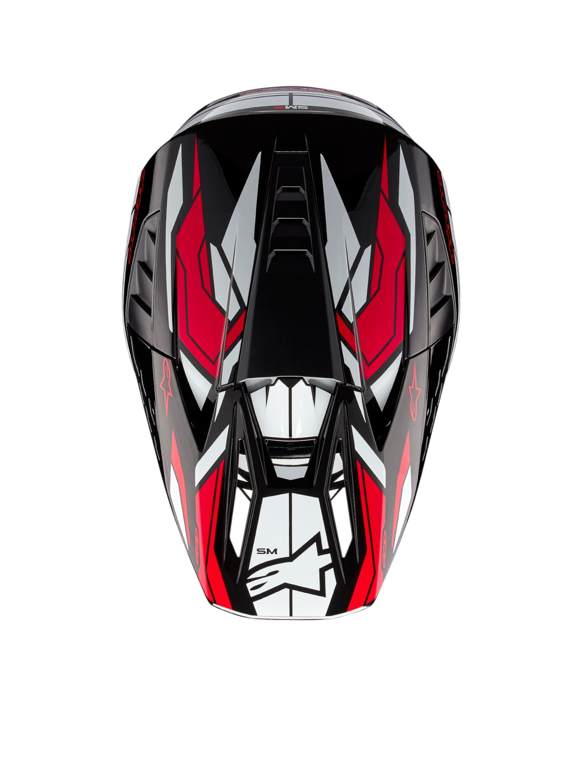 Alpinestars S-M5 Action 2 Helmet, motocross helmet shown from above, glossy Black, White and Bright Red