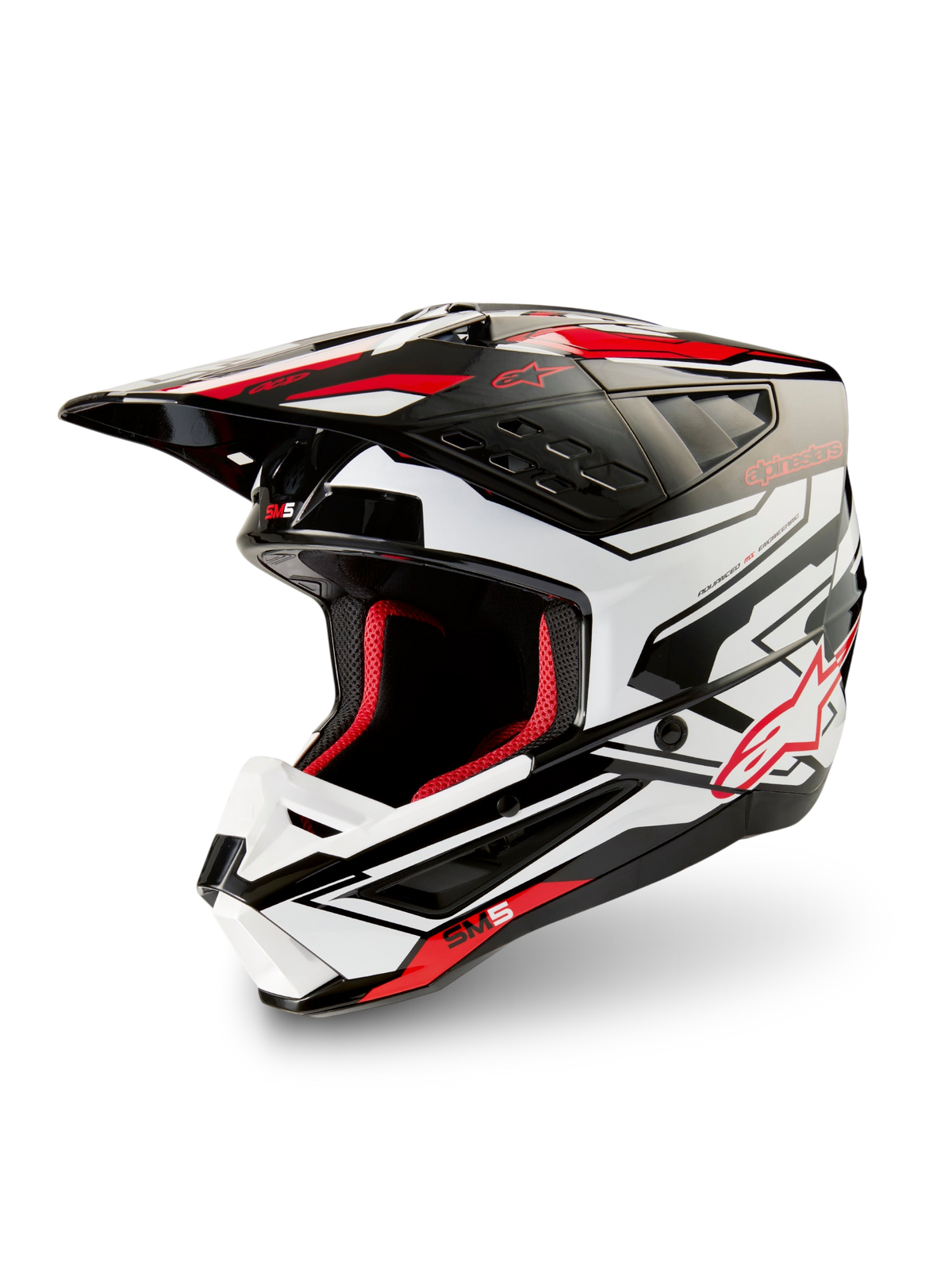 Alpinestars S-M5 Action 2 Helmet, motocross helmet in black, white and bright red glossy, side view