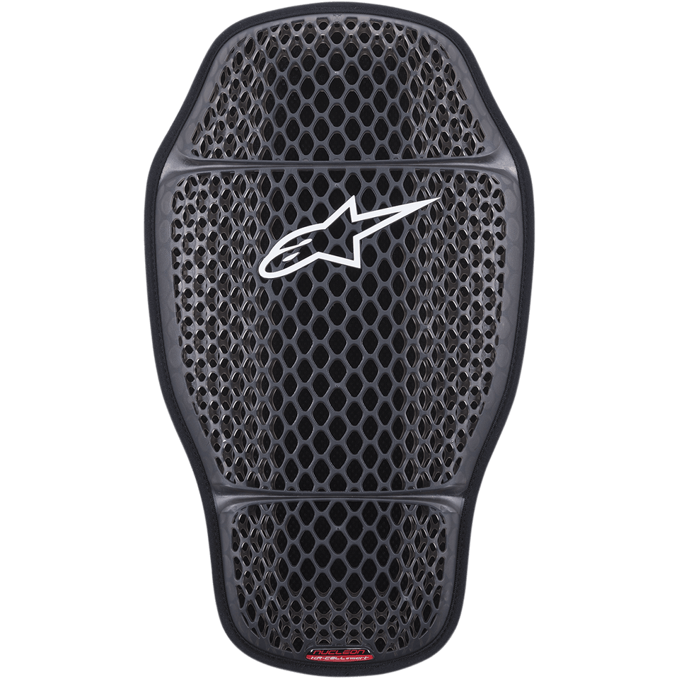 Alpinestars Nucleon KR-CELLi Back Protection Insert, Motorcycle Back Protector, Transparent Smoke Gray, honeycomb mesh design with white Alpinestars logo, ergonomic contoured shape, triple-segmented articulated shell for maximum airflow