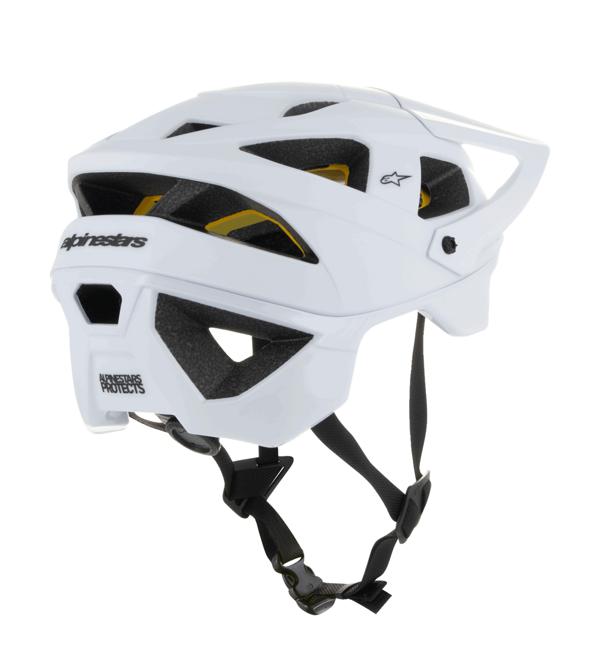 Alpinestars Vector Tech Solid Helmet, open-face MTB helmet, White Matt and Glossy finish, featuring large ventilation ports with yellow Mips liner visible, black Alpinestars branding on rear, and adjustable black chin strap, professional mountain bike protection